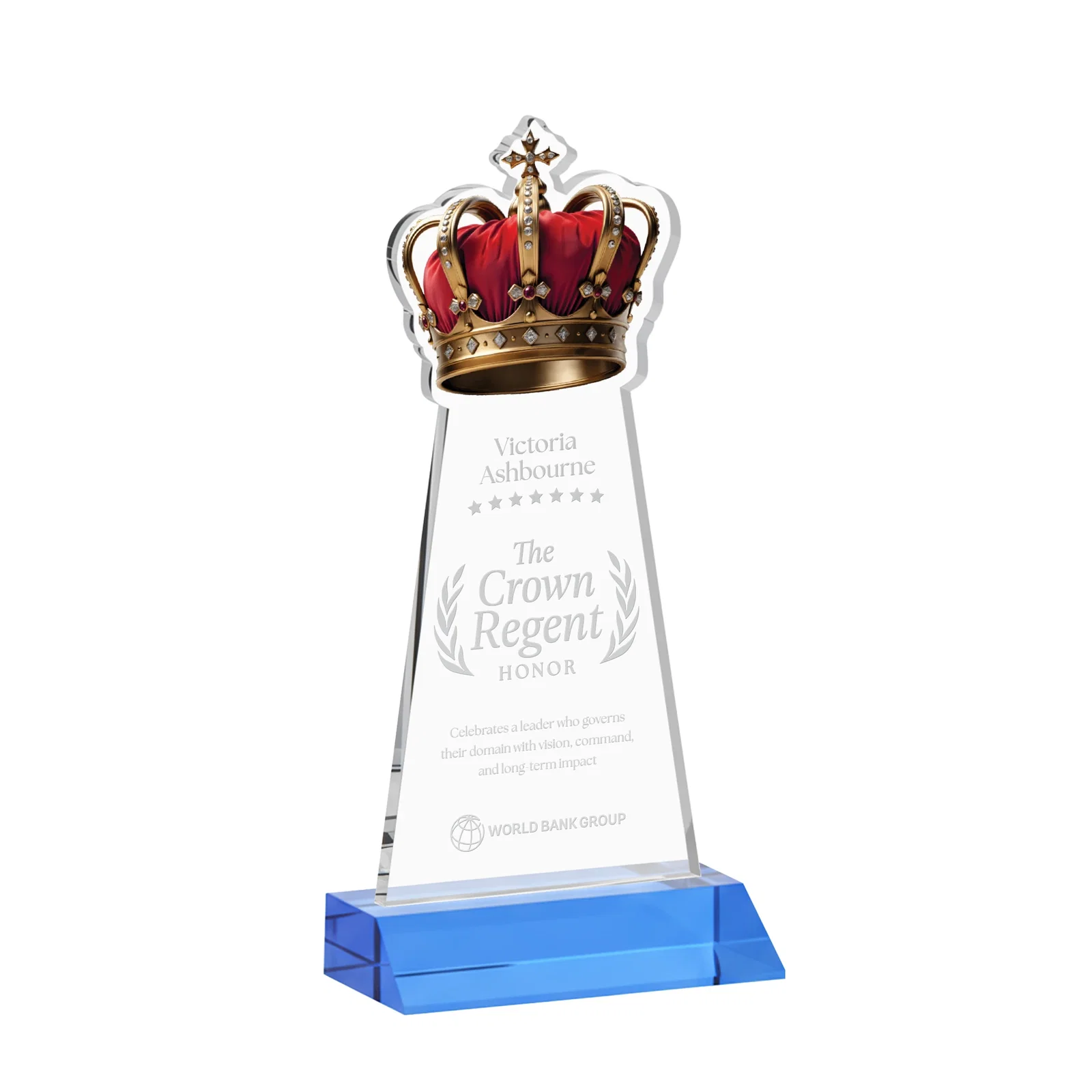 Promotional Starfire Crystal Crown Award on Front-Mitered Base, awards for donor appreciation