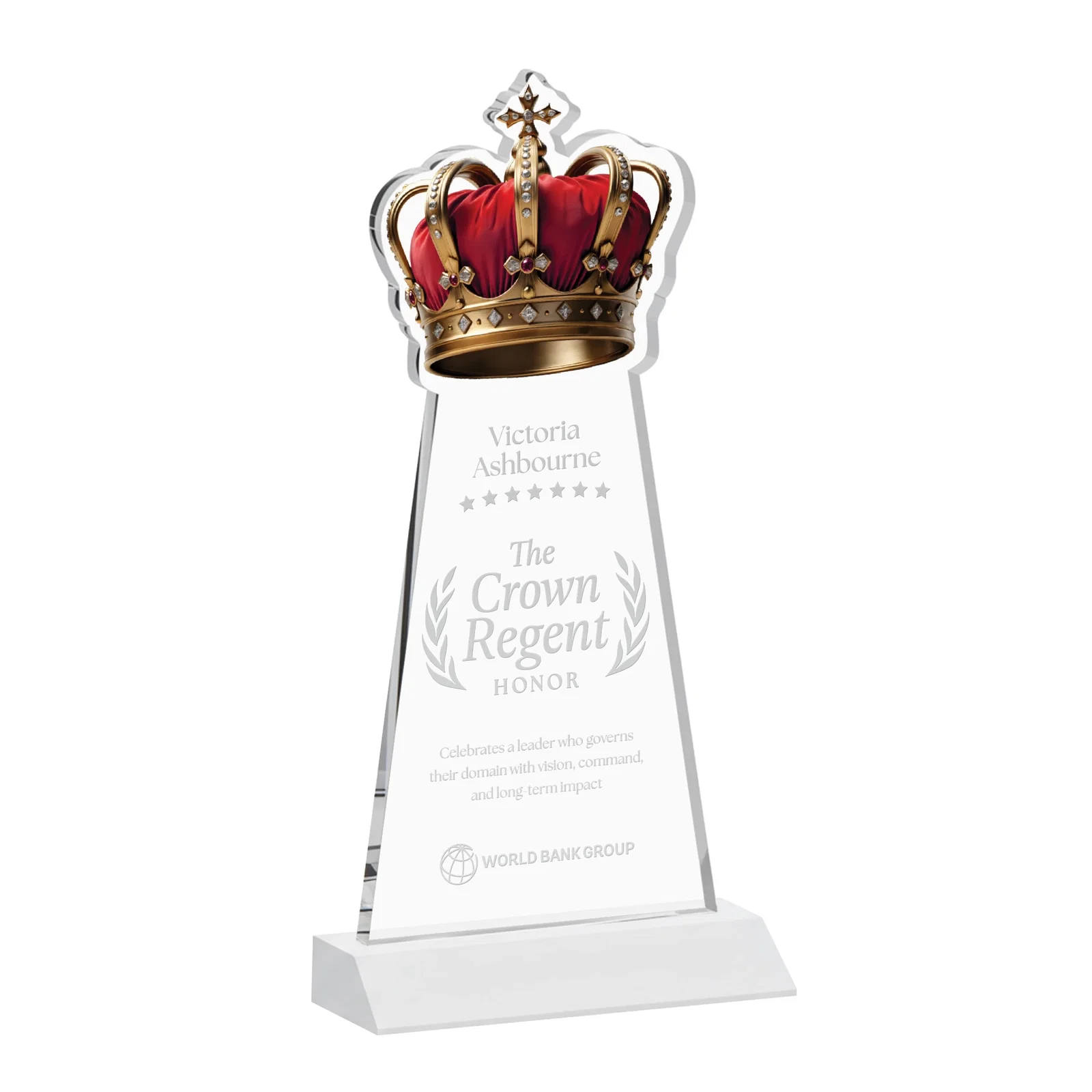 Branded Starfire Crystal Crown Award on Front-Mitered Base, awards for employee recognition