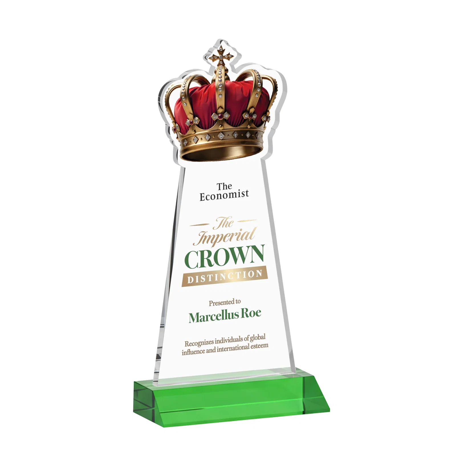 Branded Starfire Crystal Crown Award on Front-Mitered Base, awards for company anniversary events