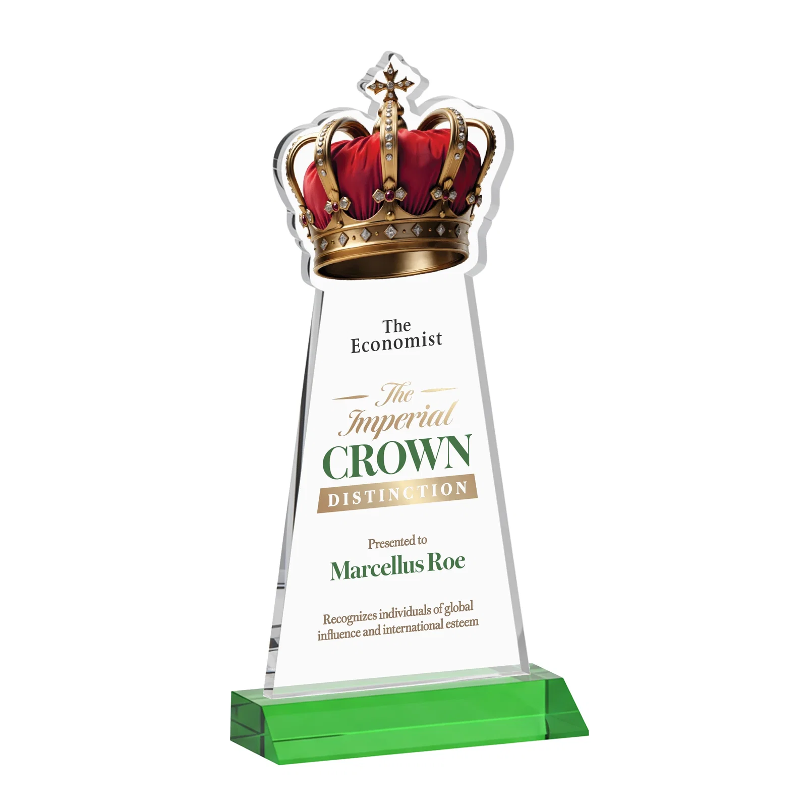 Custom printed Starfire Crystal Crown Award on Front-Mitered Base, awards for employee recognition