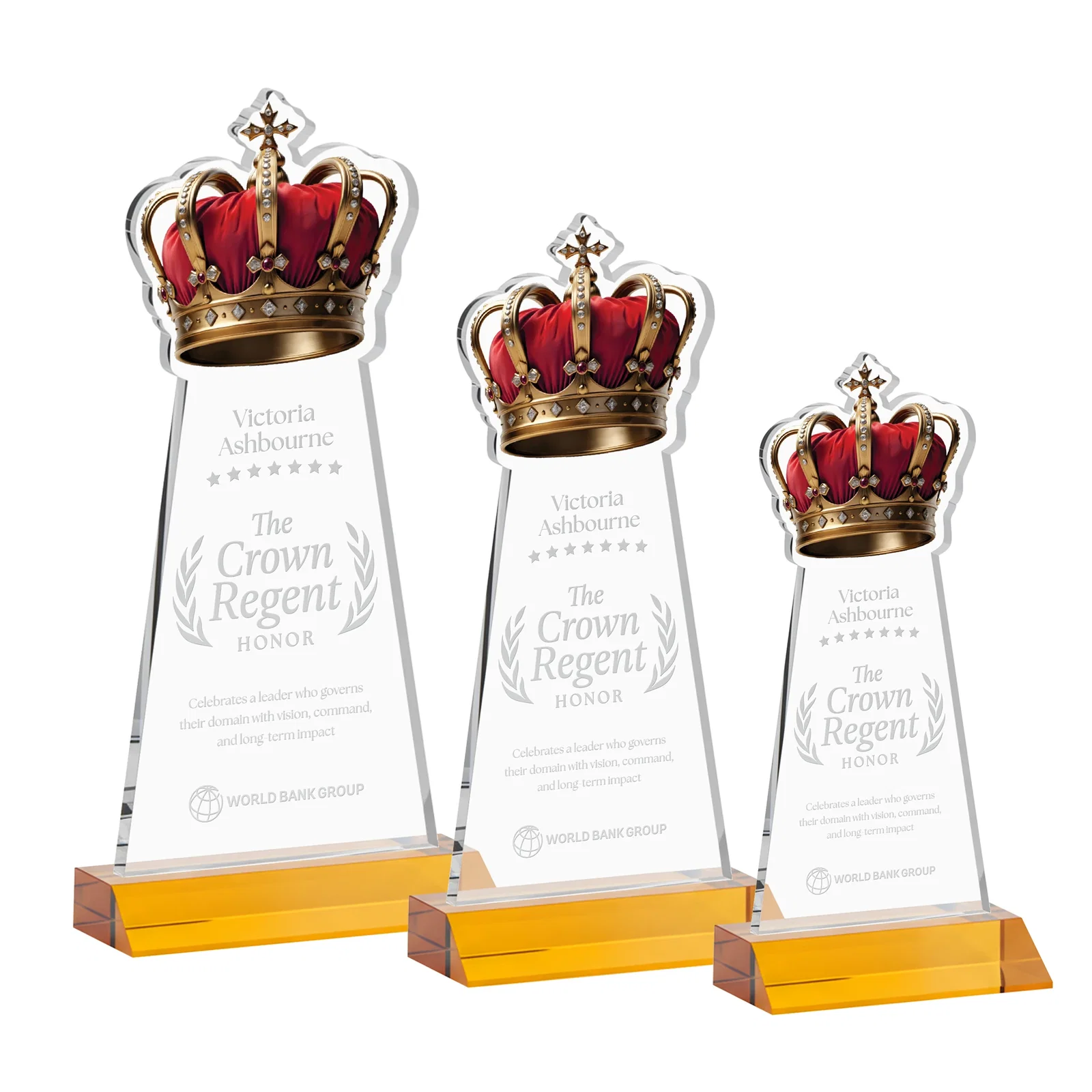 Custom Starfire Crystal Crown Award on Front-Mitered Base, awards for retirement presentations