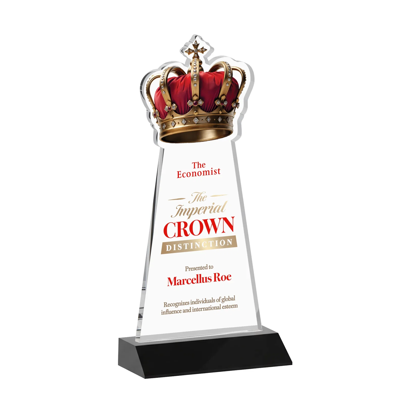 Custom printed Starfire Crystal Crown Award on Front-Mitered Base, awards for sales achievement awards
