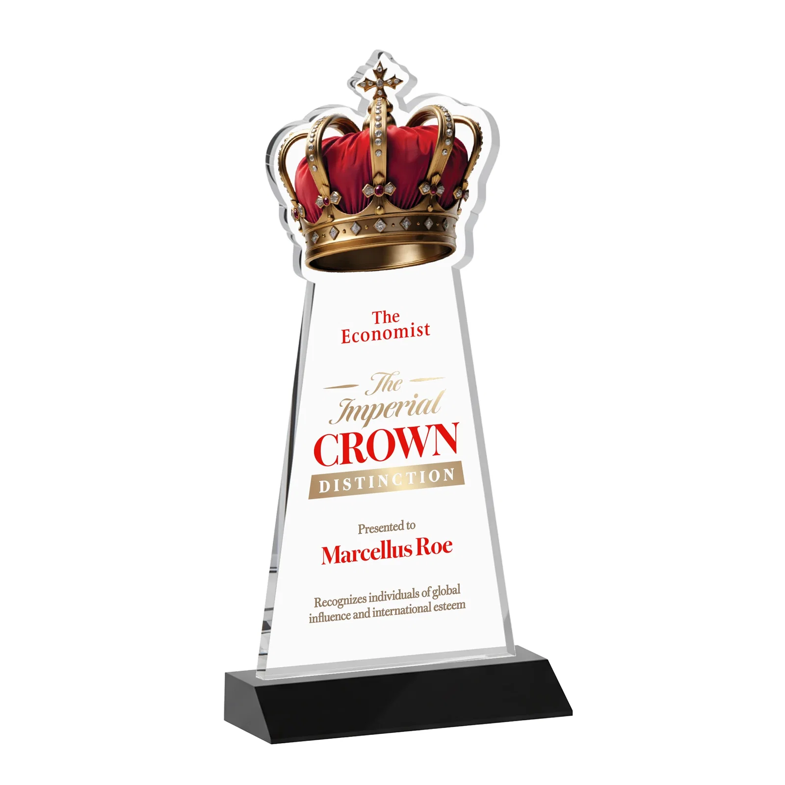 Custom printed Starfire Crystal Crown Award on Front-Mitered Base, awards for retirement presentations
