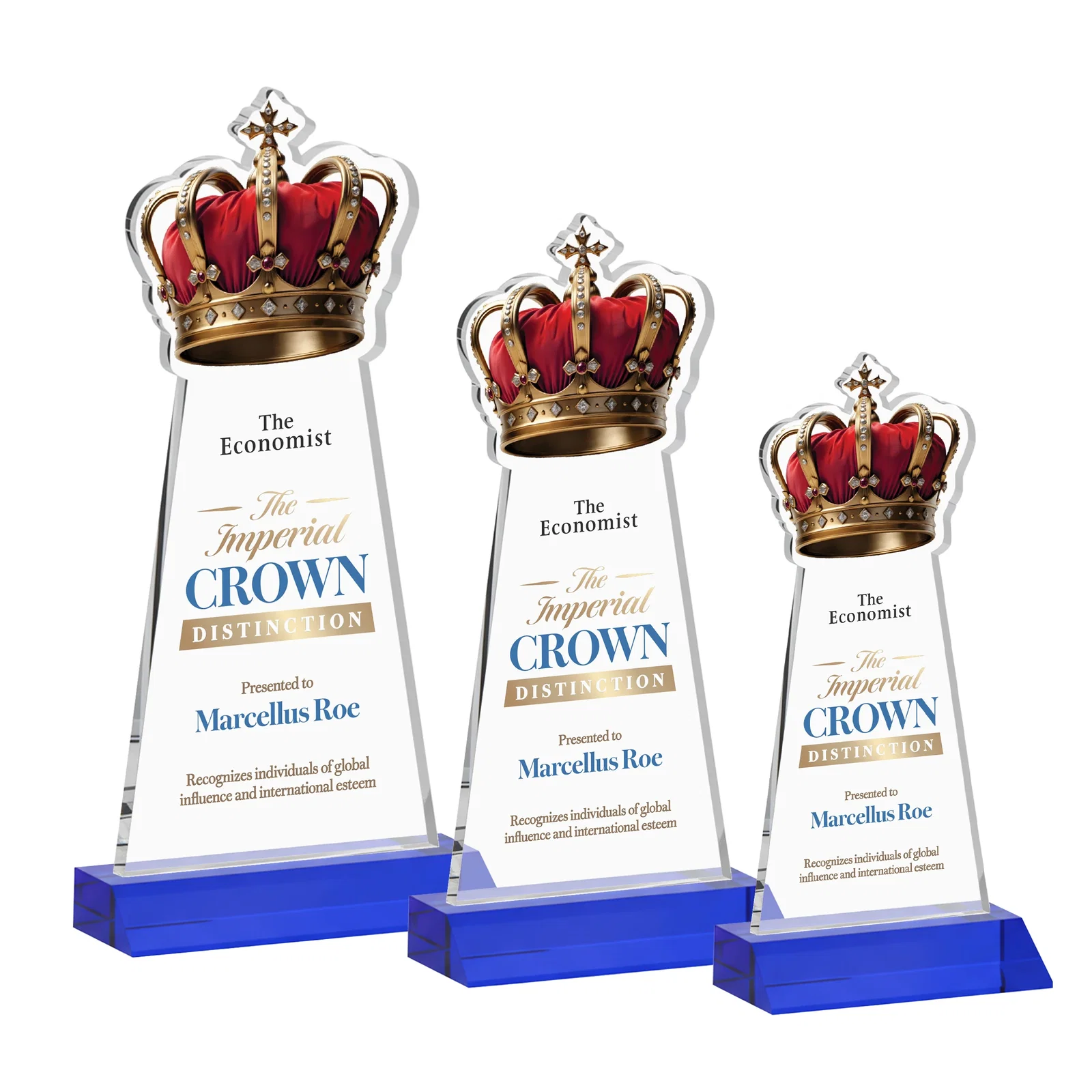 Custom printed Starfire Crystal Crown Award on Front-Mitered Base, awards for team milestone celebrations