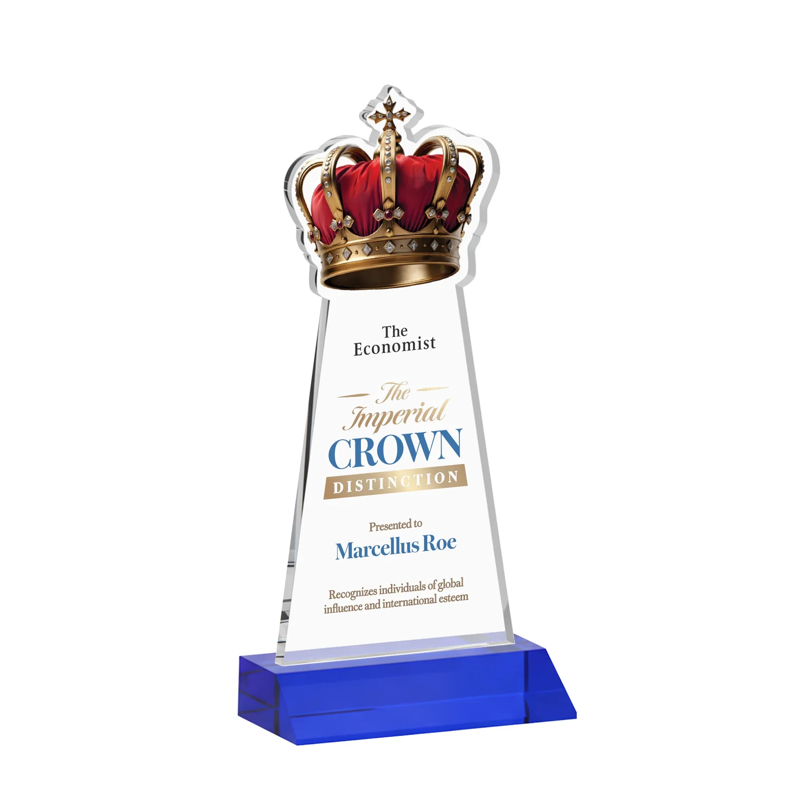 Custom printed Starfire Crystal Crown Award on Front-Mitered Base, awards for donor appreciation