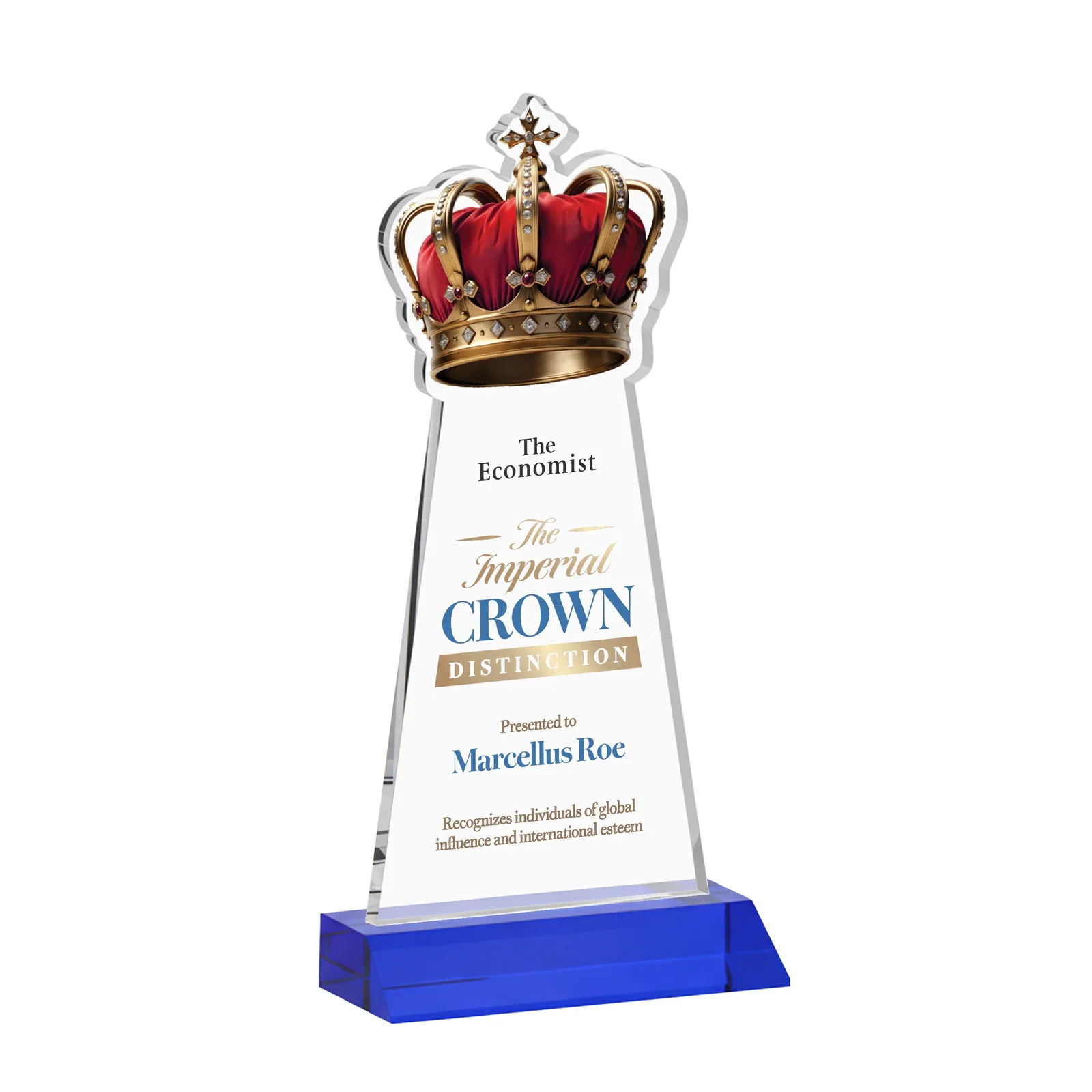Custom printed Starfire Crystal Crown Award on Front-Mitered Base, awards for graduation ceremonies