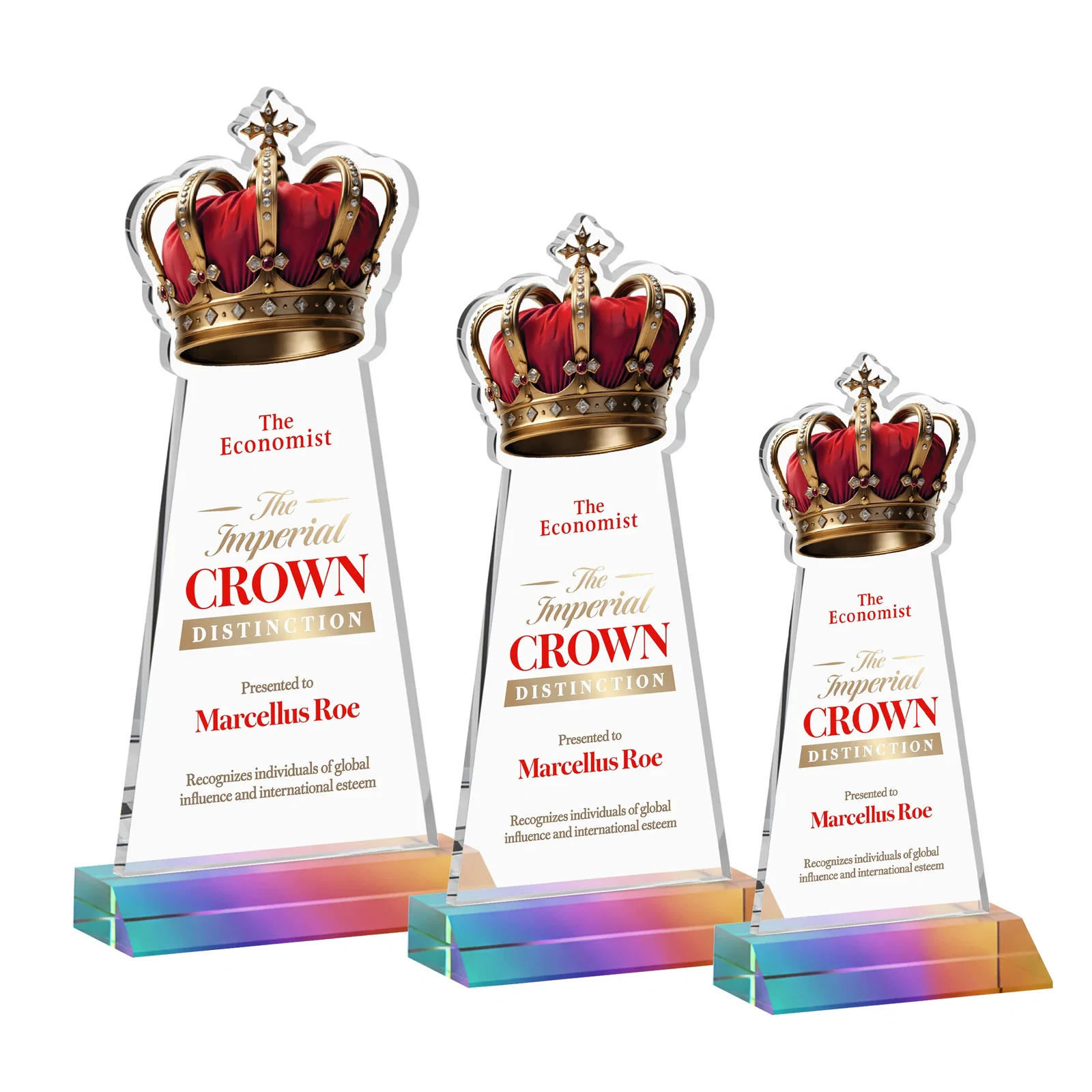 Custom printed Starfire Crystal Crown Award on Front-Mitered Base, awards for volunteer appreciation