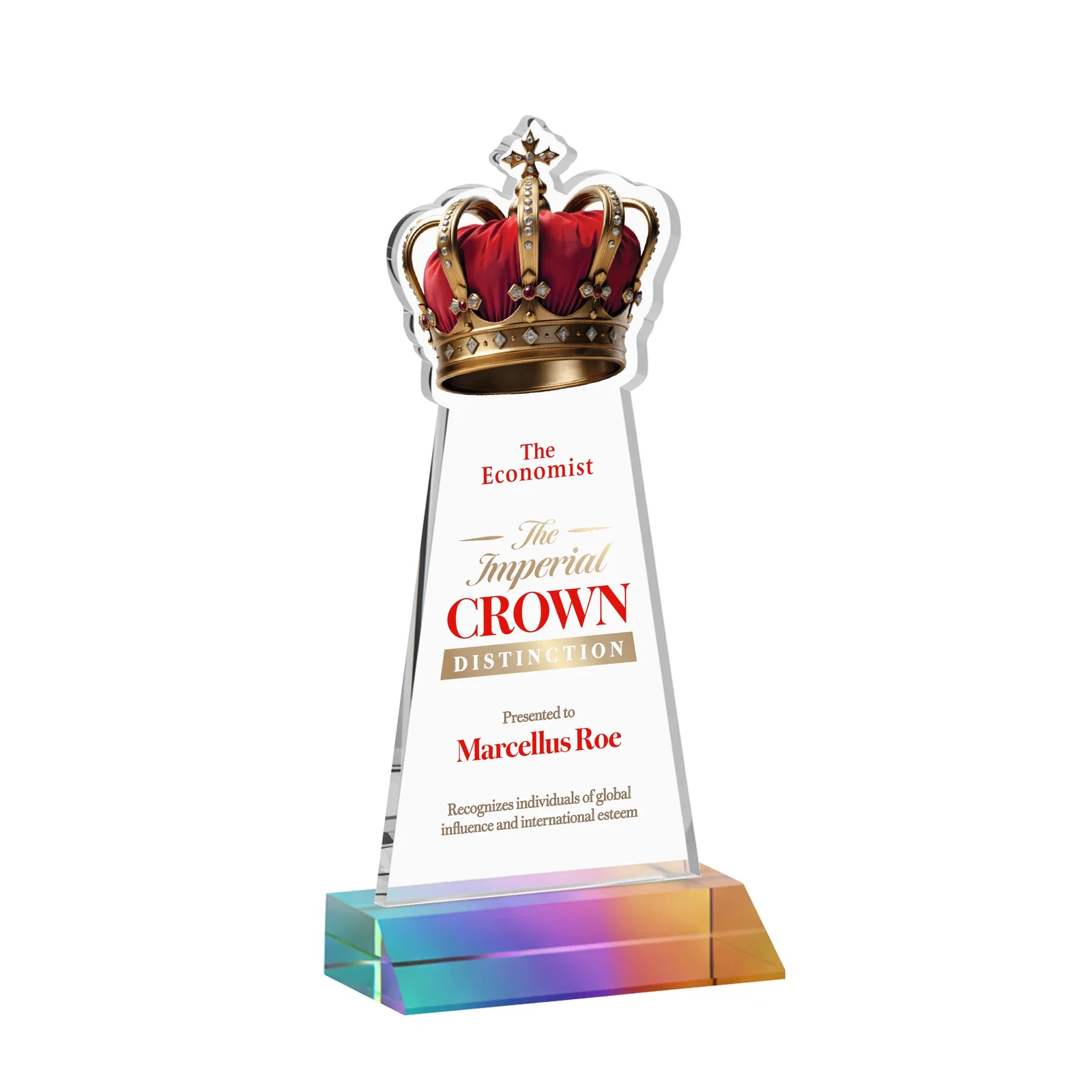 Custom printed Starfire Crystal Crown Award on Front-Mitered Base, awards for dealer and partner awards