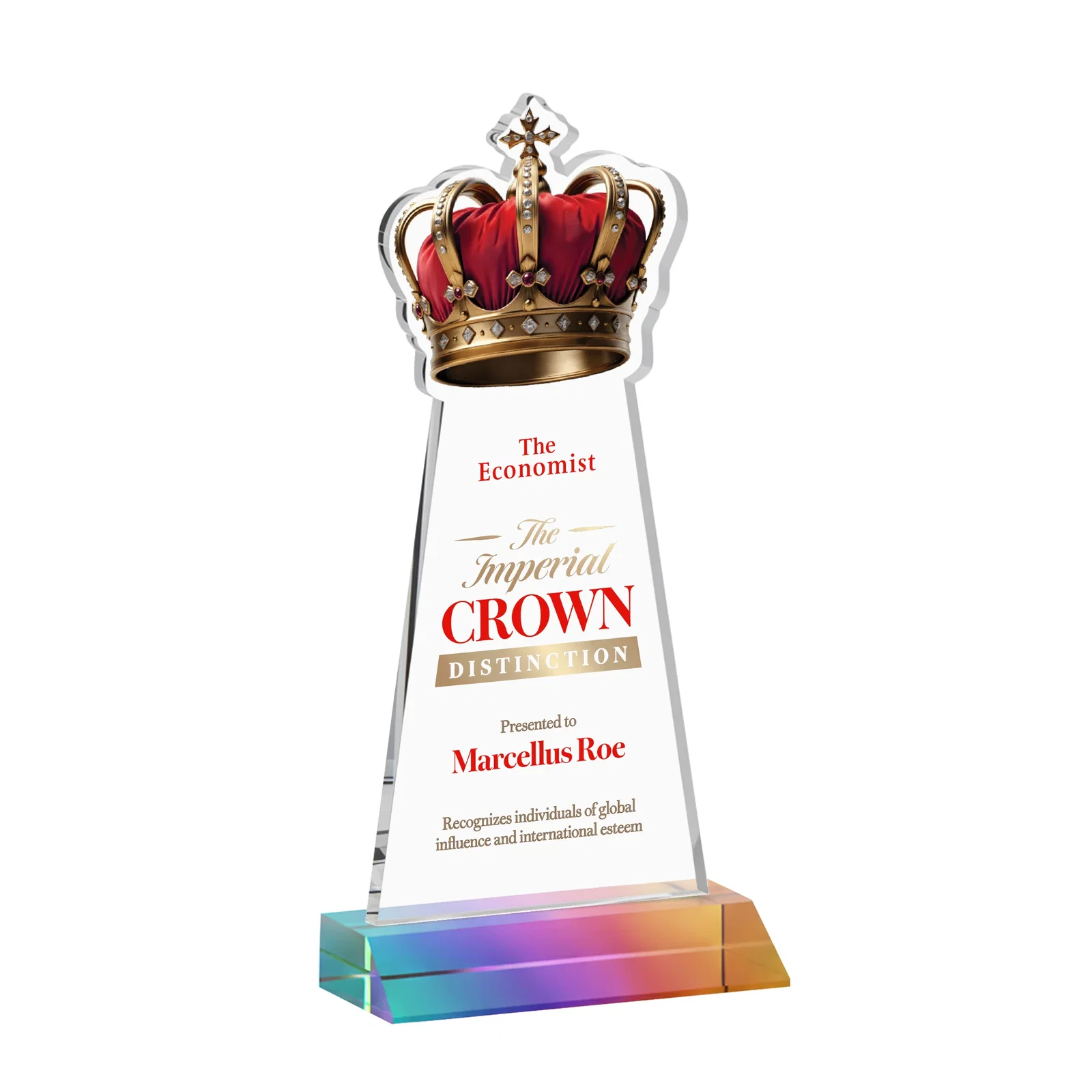 Custom printed Starfire Crystal Crown Award on Front-Mitered Base, awards for company anniversary events