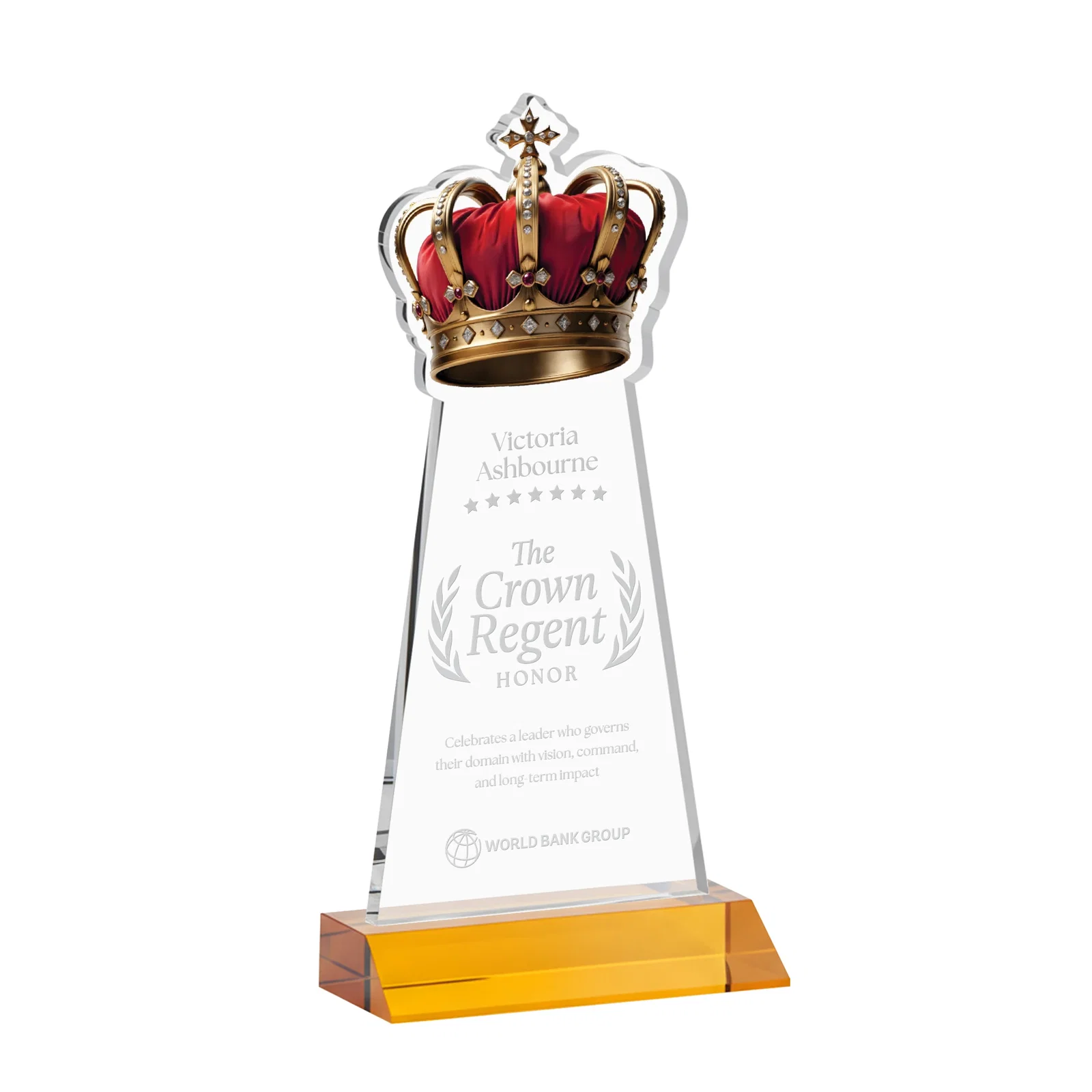 Custom Starfire Crystal Crown Award on Front-Mitered Base, awards for donor appreciation