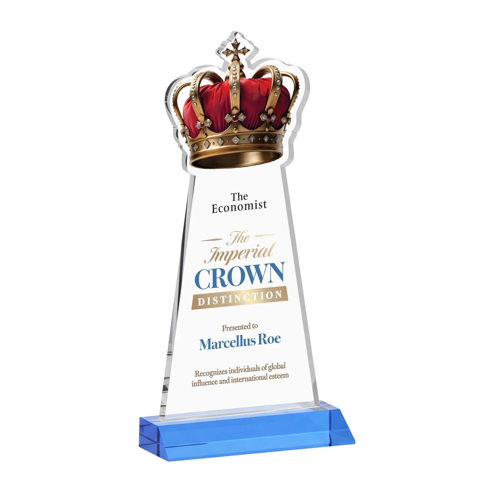 Customized Starfire Crystal Crown Award on Front-Mitered Base, awards for volunteer appreciation