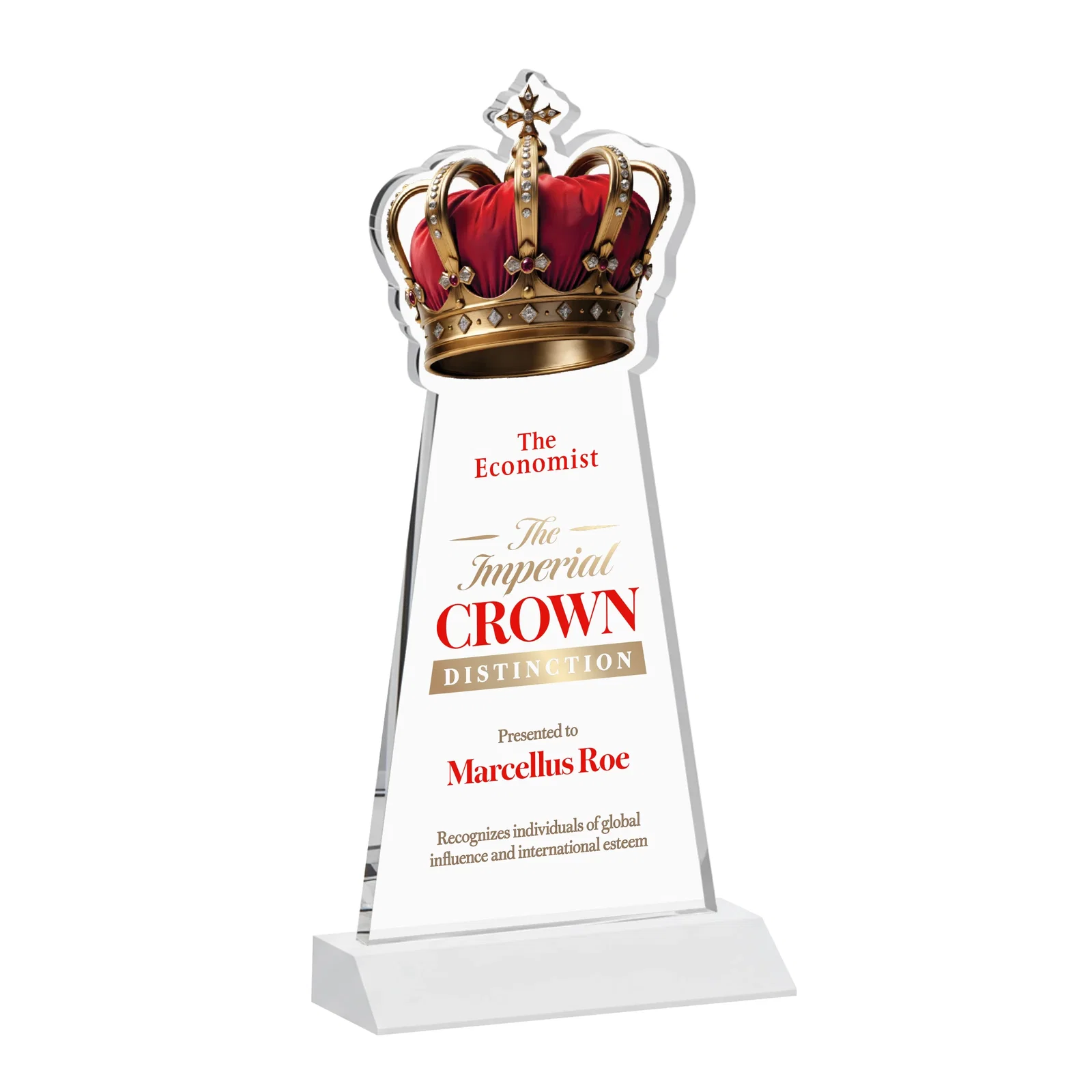 Custom engraved Starfire Crystal Crown Award on Front-Mitered Base, awards for corporate award ceremonies
