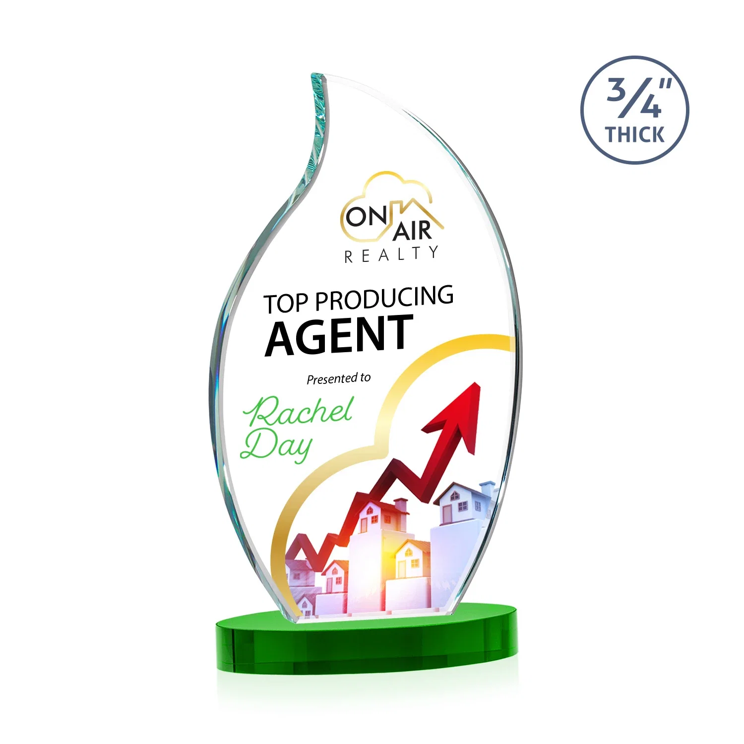 Custom printed Starfire Crystal Flame Award for sales achievement awards