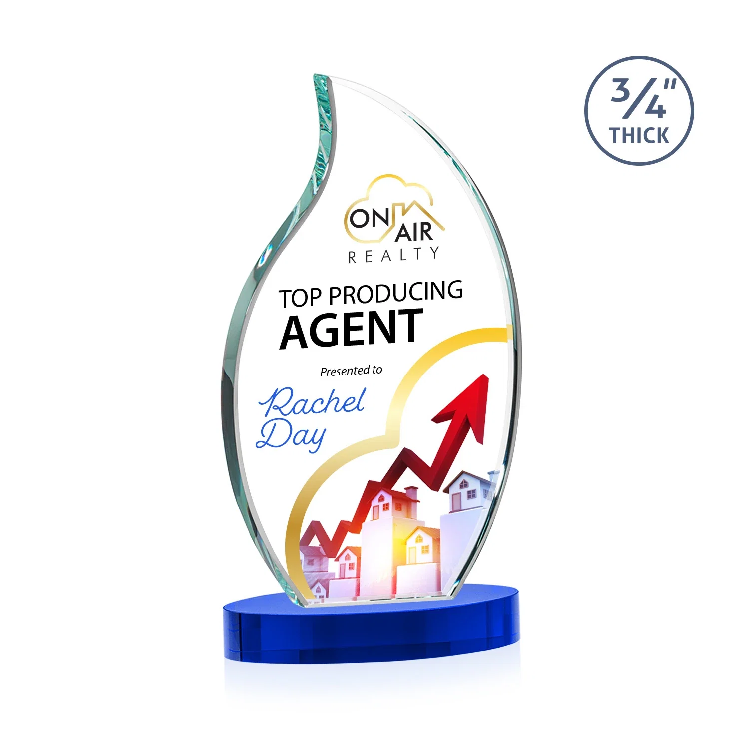 Custom printed Starfire Crystal Flame Award for dealer and partner awards