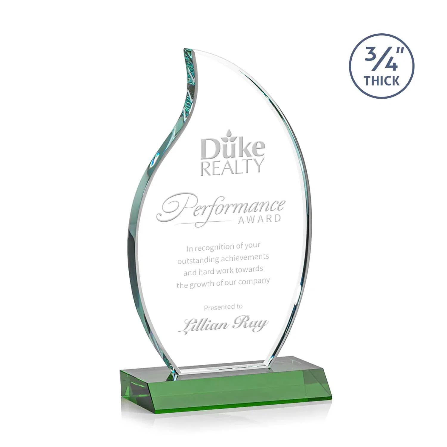 Custom Starfire Crystal Flame Award on Front-Mitered Color Base for dealer and partner awards