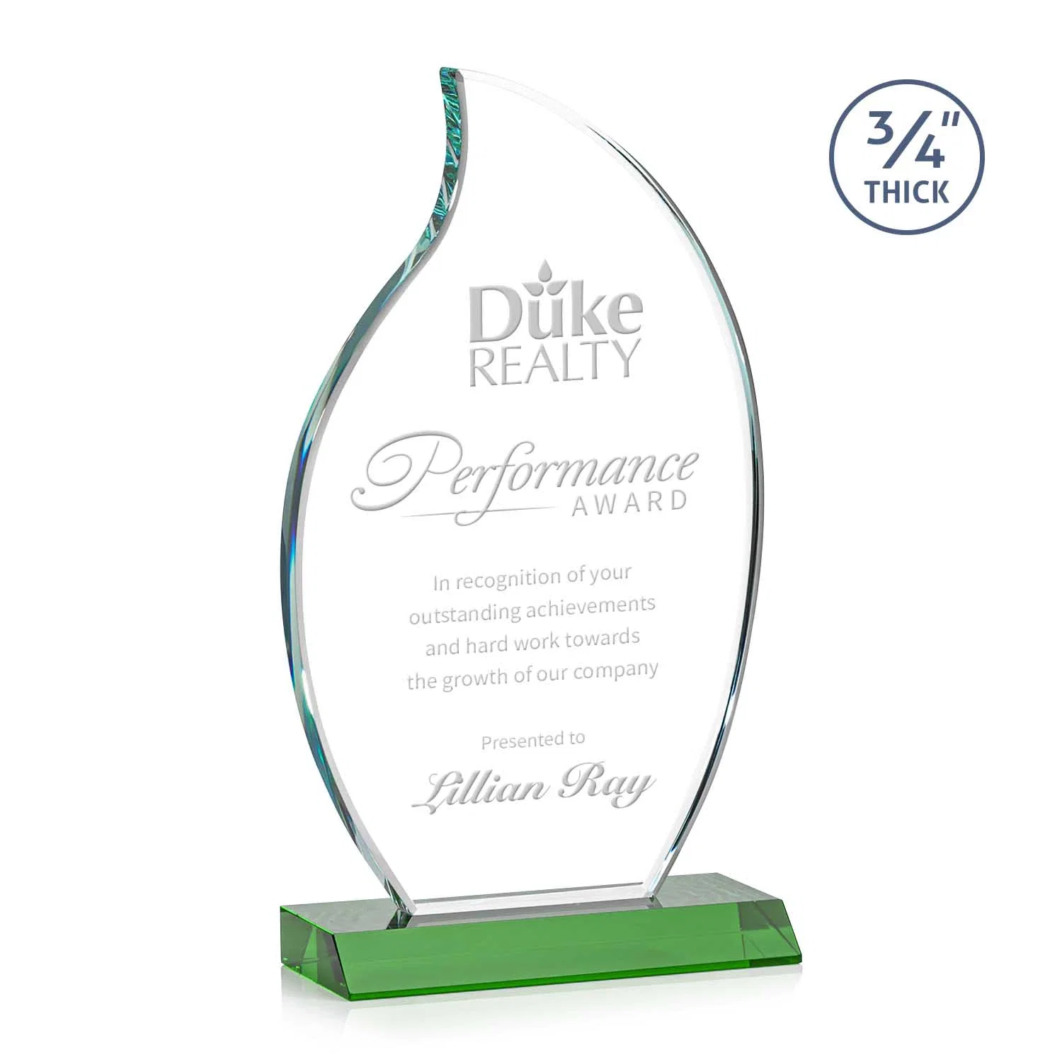 Custom Starfire Crystal Flame Award on Front-Mitered Color Base for company anniversary events