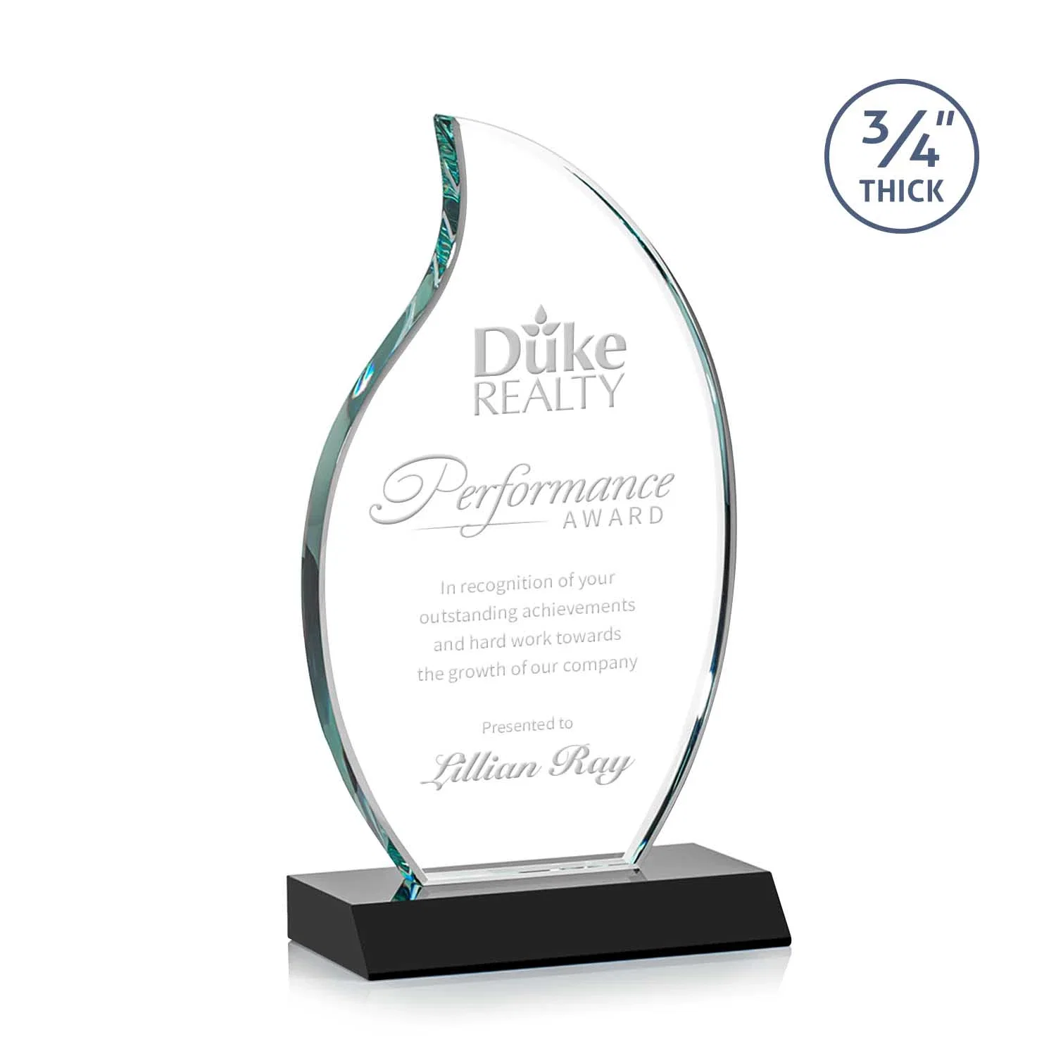 Personalized Starfire Crystal Flame Award on Front-Mitered Color Base for service anniversary gifts