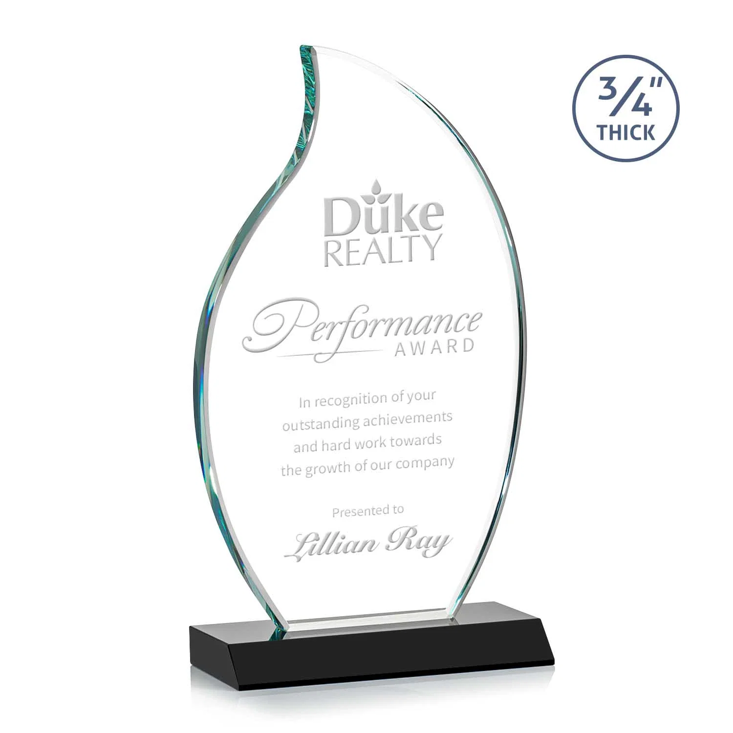 Personalized Starfire Crystal Flame Award on Front-Mitered Color Base for sales achievement awards