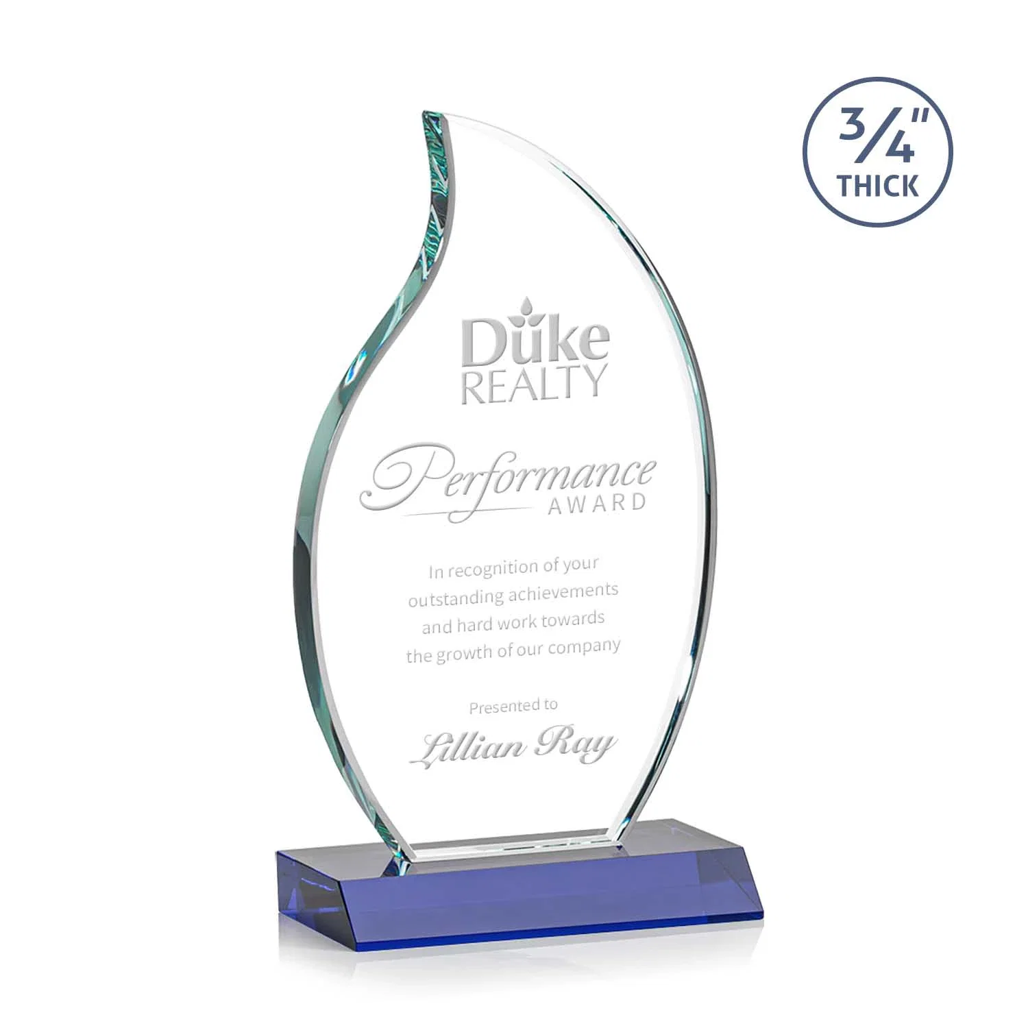 Personalized Starfire Crystal Flame Award on Front-Mitered Color Base for donor appreciation