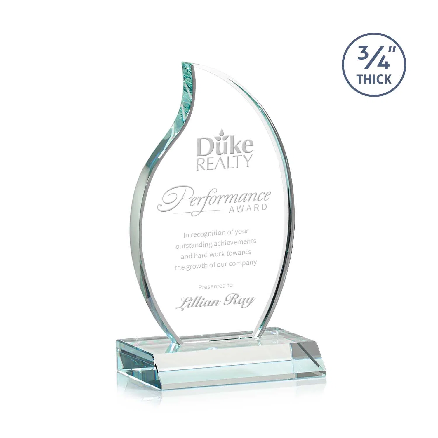 Custom Starfire Crystal Flame Award on Front-Mitered Color Base for corporate award ceremonies