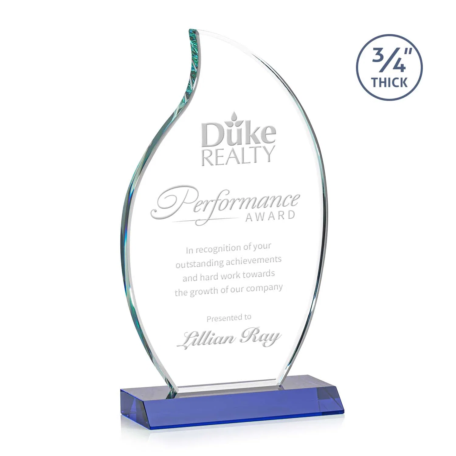 Personalized Starfire Crystal Flame Award on Front-Mitered Color Base for graduation ceremonies