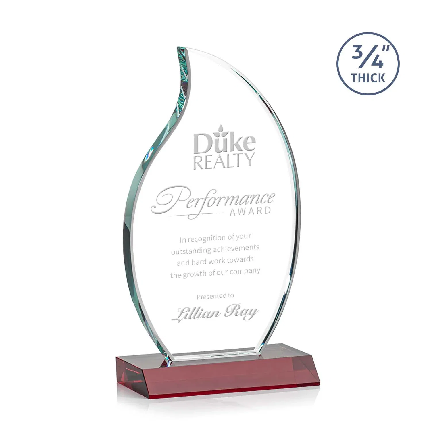 Personalized Starfire Crystal Flame Award on Front-Mitered Color Base for dealer and partner awards