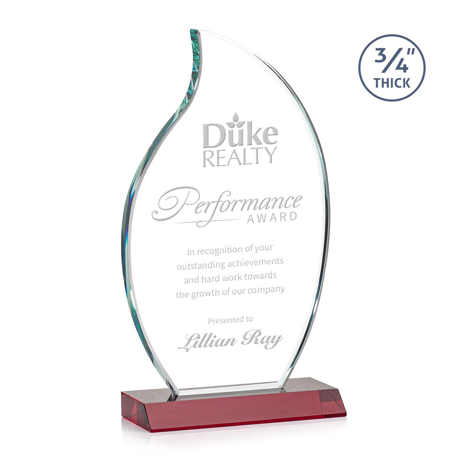 Personalized Starfire Crystal Flame Award on Front-Mitered Color Base for company anniversary events