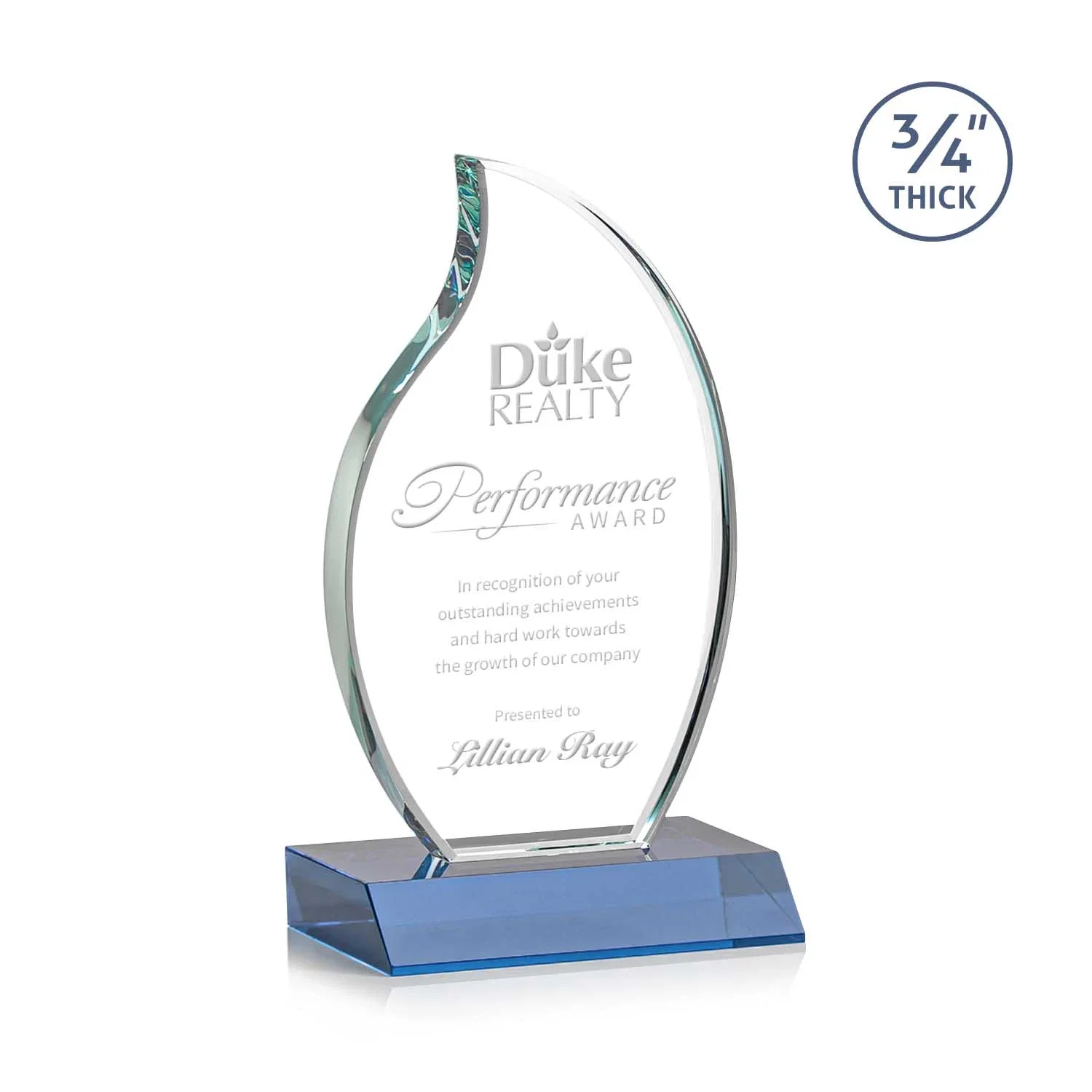 Promotional Starfire Crystal Flame Award on Front-Mitered Color Base for corporate award ceremonies