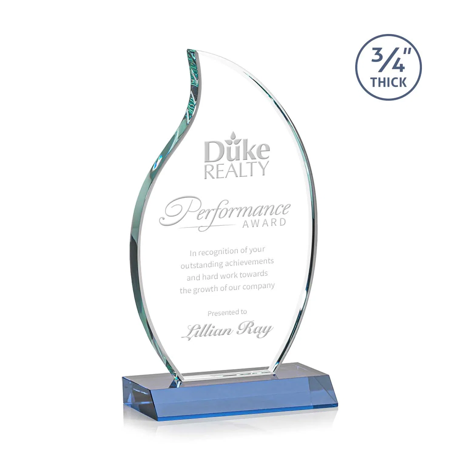 Promotional Starfire Crystal Flame Award on Front-Mitered Color Base for service anniversary gifts