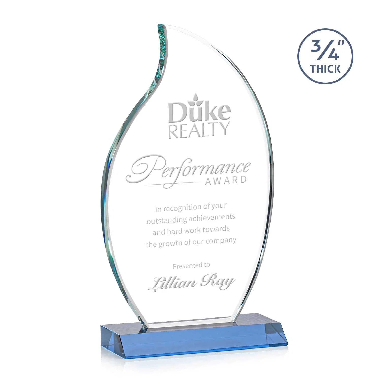 Promotional Starfire Crystal Flame Award on Front-Mitered Color Base for sales achievement awards