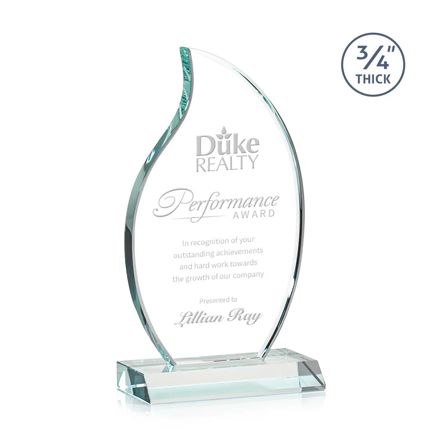 Custom Starfire Crystal Flame Award on Front-Mitered Color Base for service anniversary gifts