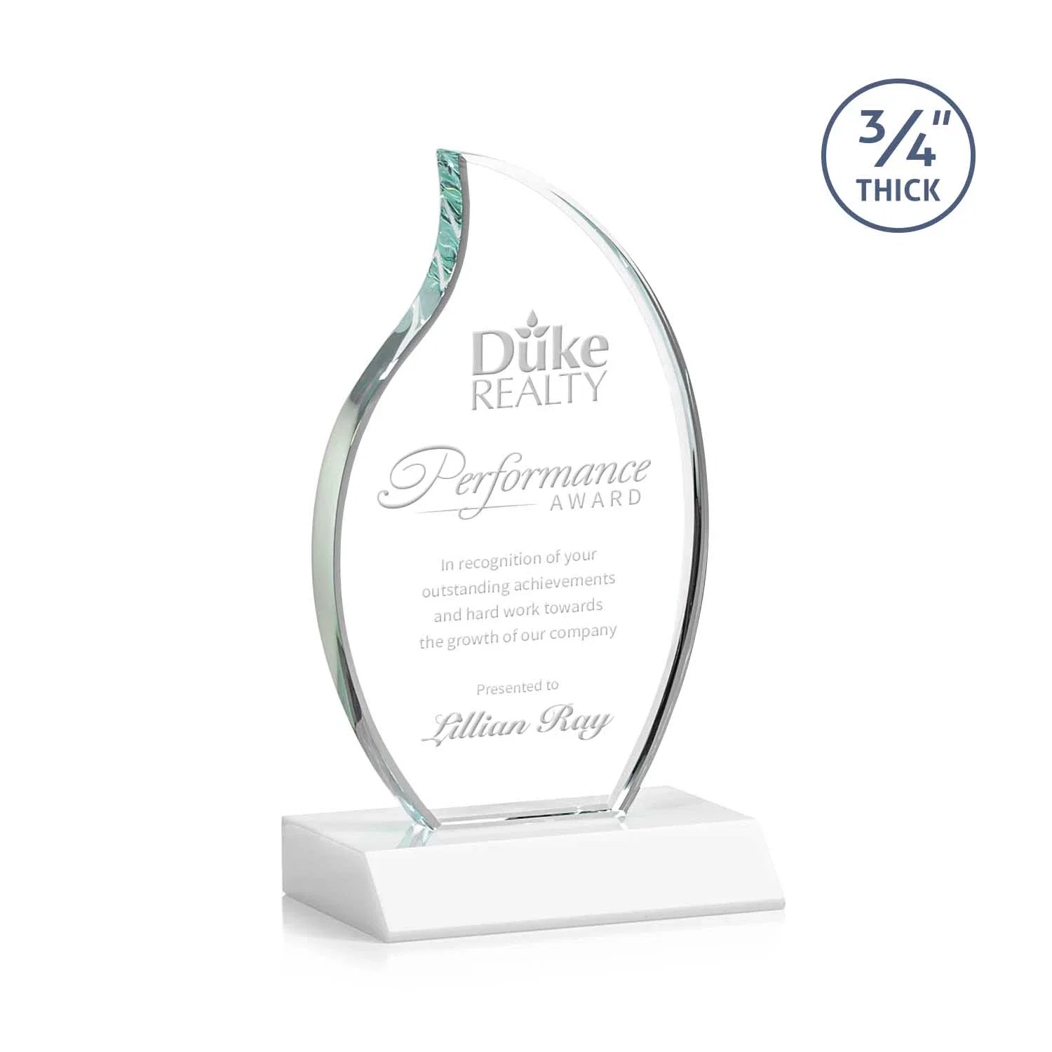 Promotional Starfire Crystal Flame Award on Front-Mitered Color Base for team milestone celebrations