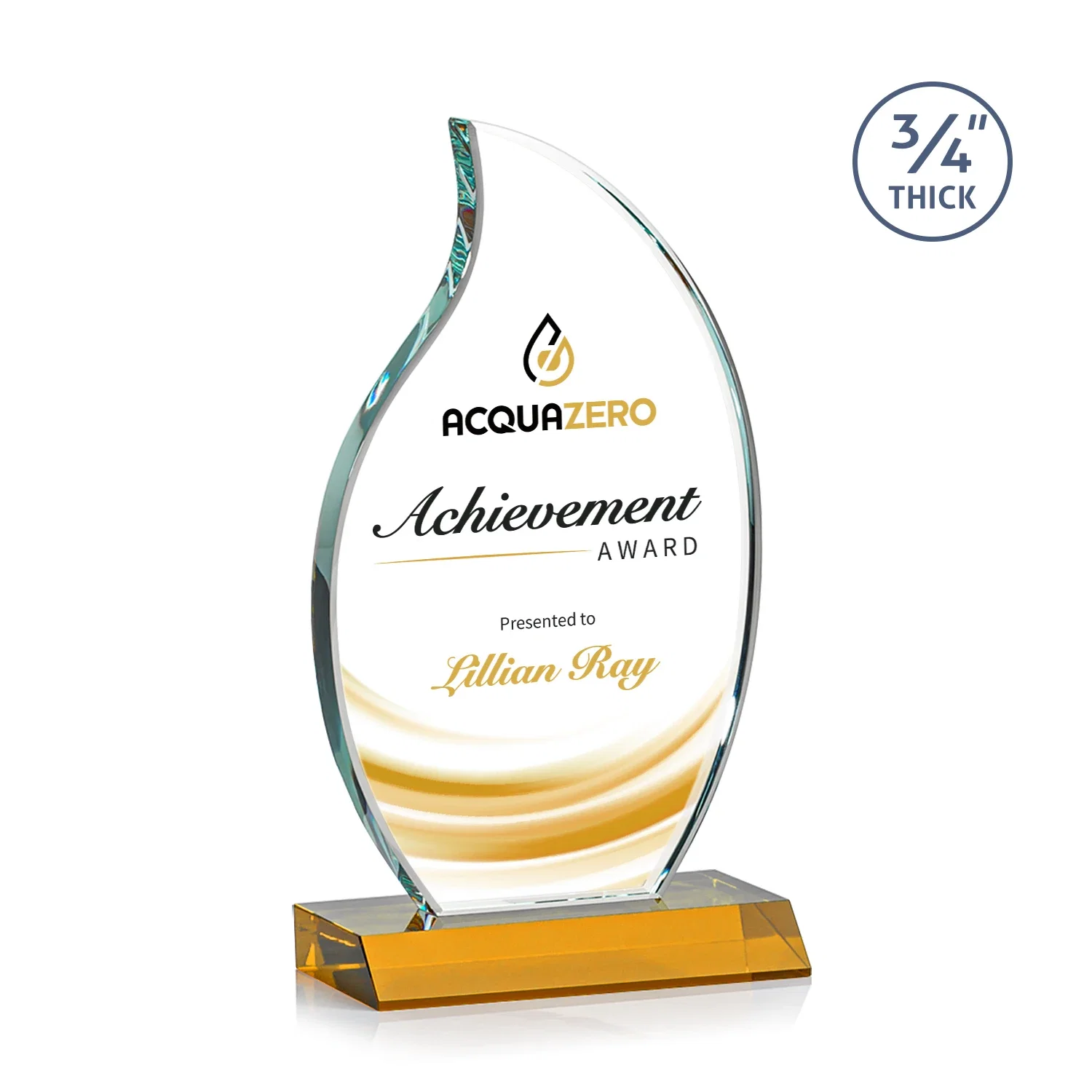 Branded Starfire Crystal Flame Award on Front-Mitered Color Base for service anniversary gifts