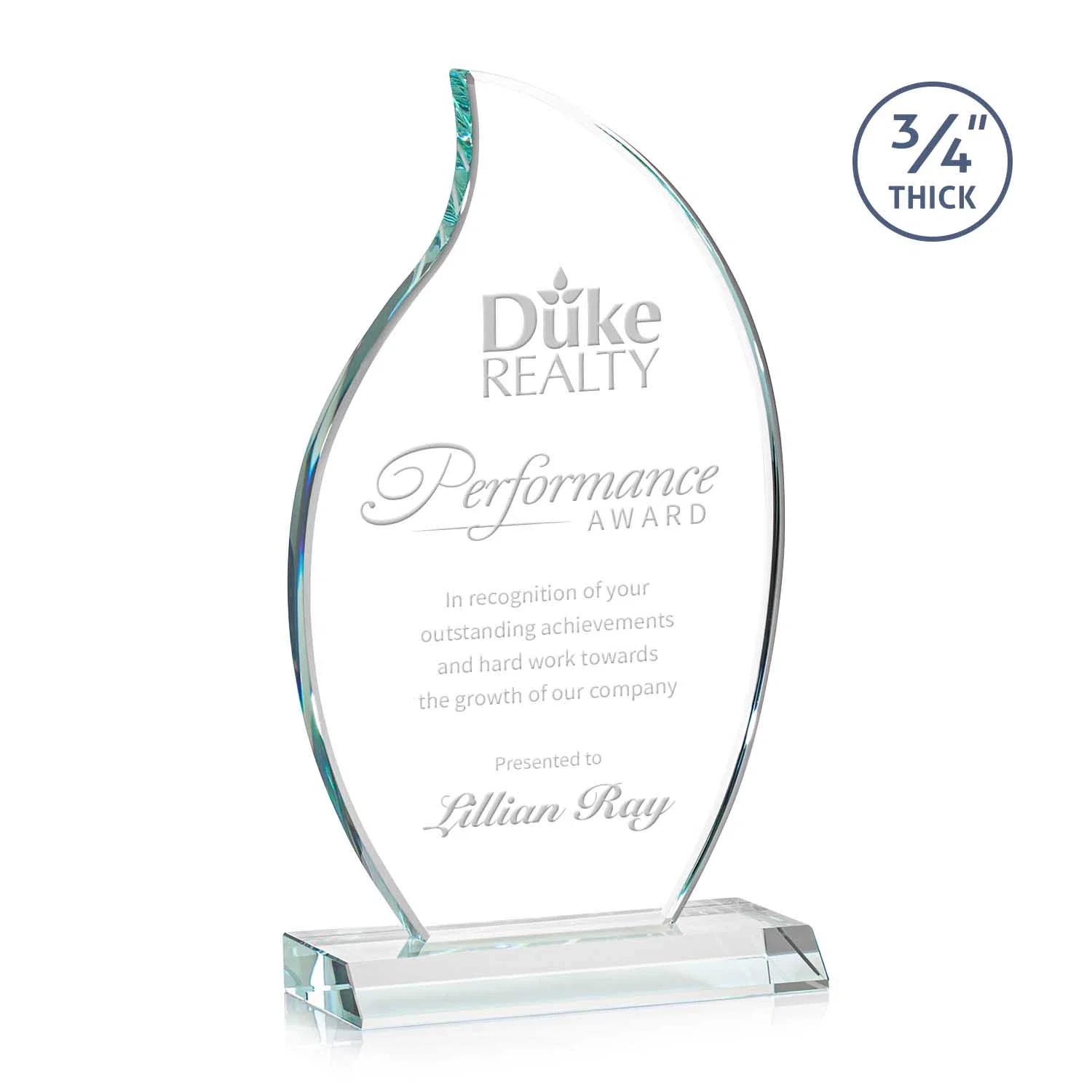 Custom Starfire Crystal Flame Award on Front-Mitered Color Base for sales achievement awards