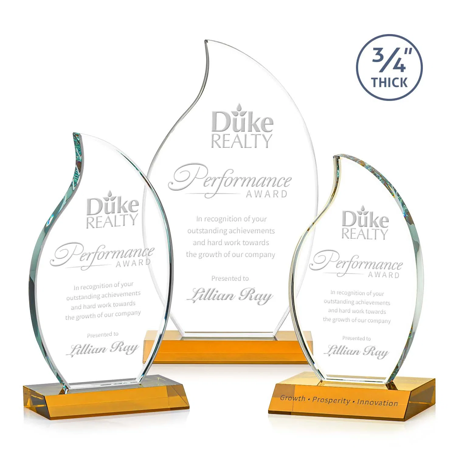 Custom Starfire Crystal Flame Award on Front-Mitered Color Base for retirement presentations