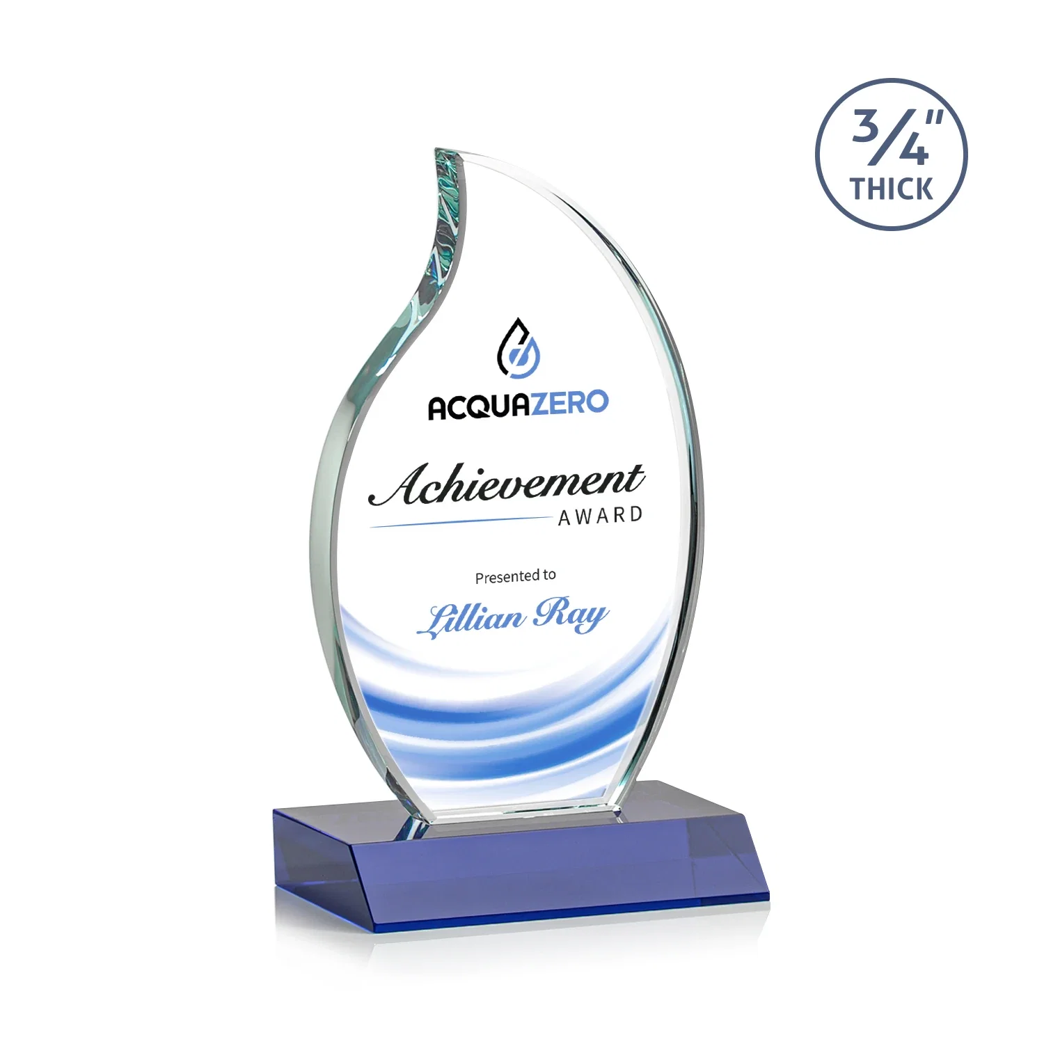 Custom printed Starfire Crystal Flame Award on Front-Mitered Color Base for corporate award ceremonies