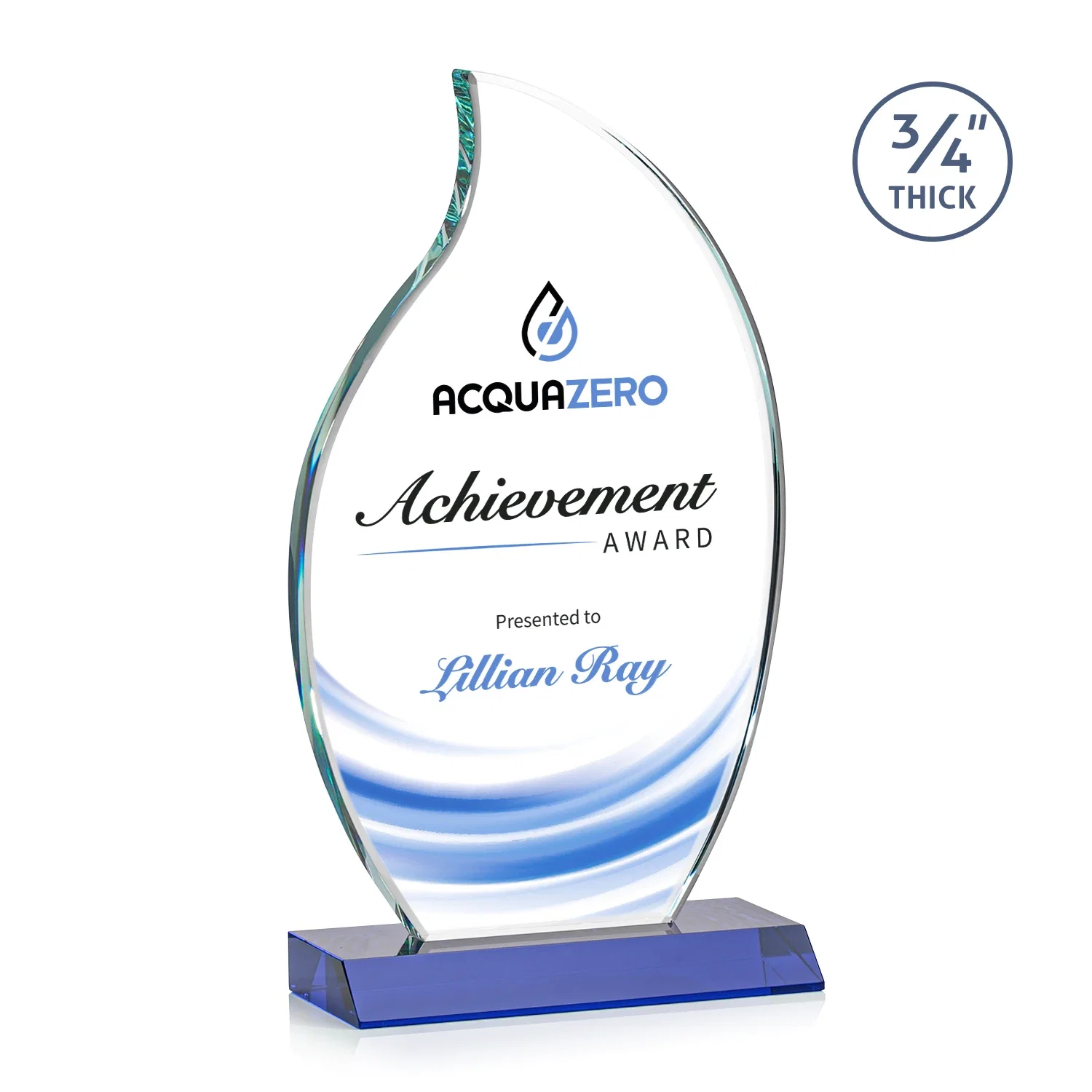 Custom printed Starfire Crystal Flame Award on Front-Mitered Color Base for sales achievement awards