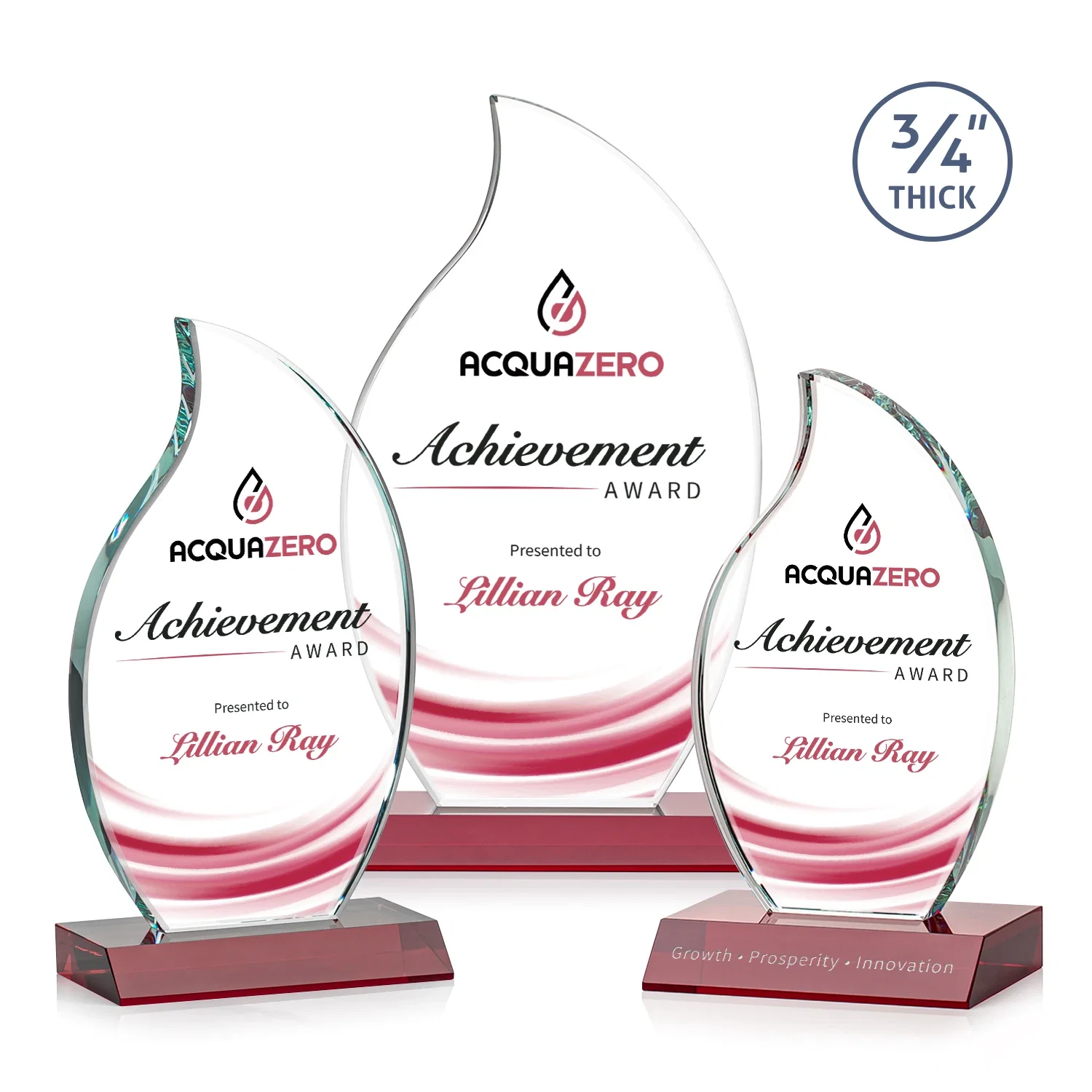 Custom printed Starfire Crystal Flame Award on Front-Mitered Color Base for retirement presentations