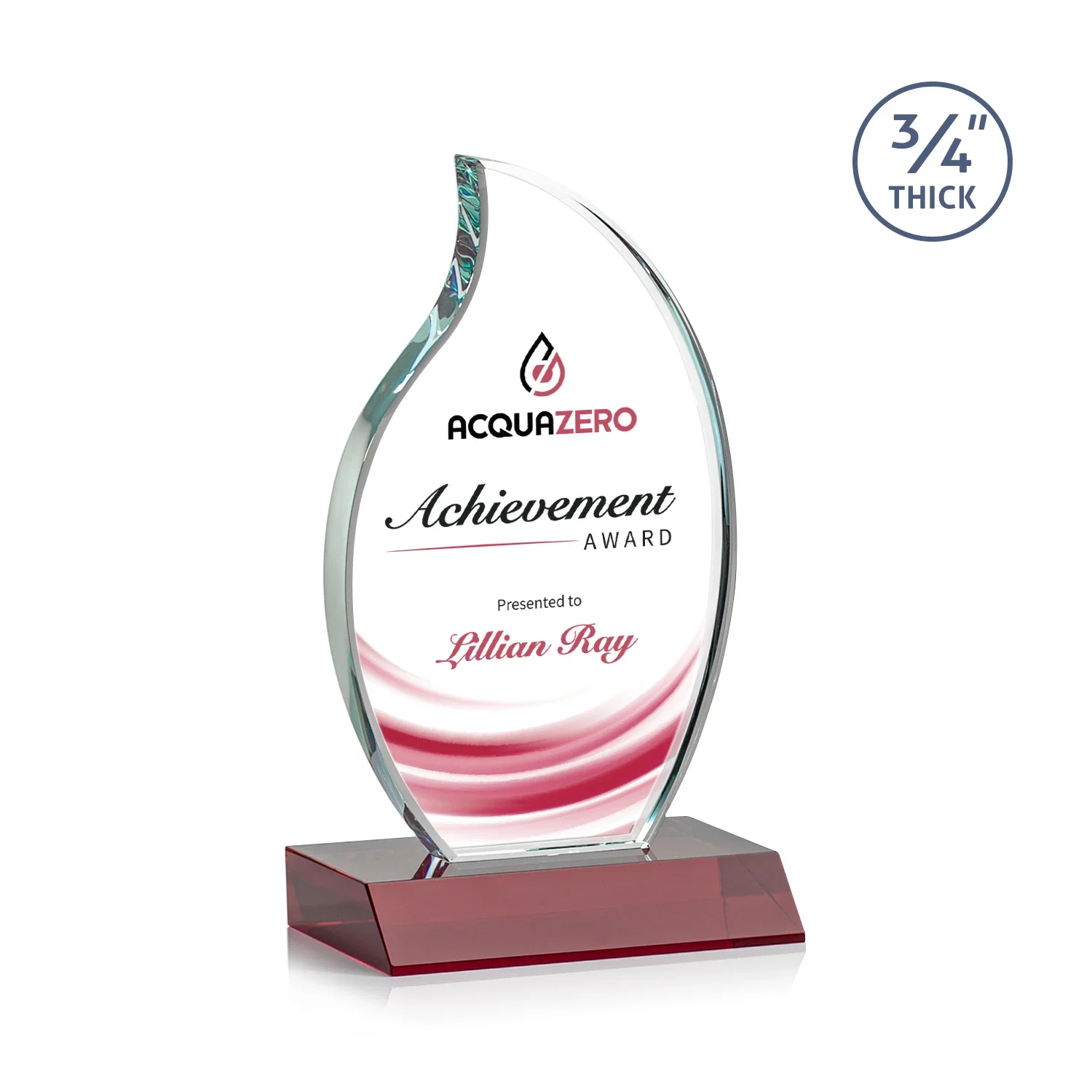 Custom printed Starfire Crystal Flame Award on Front-Mitered Color Base for team milestone celebrations