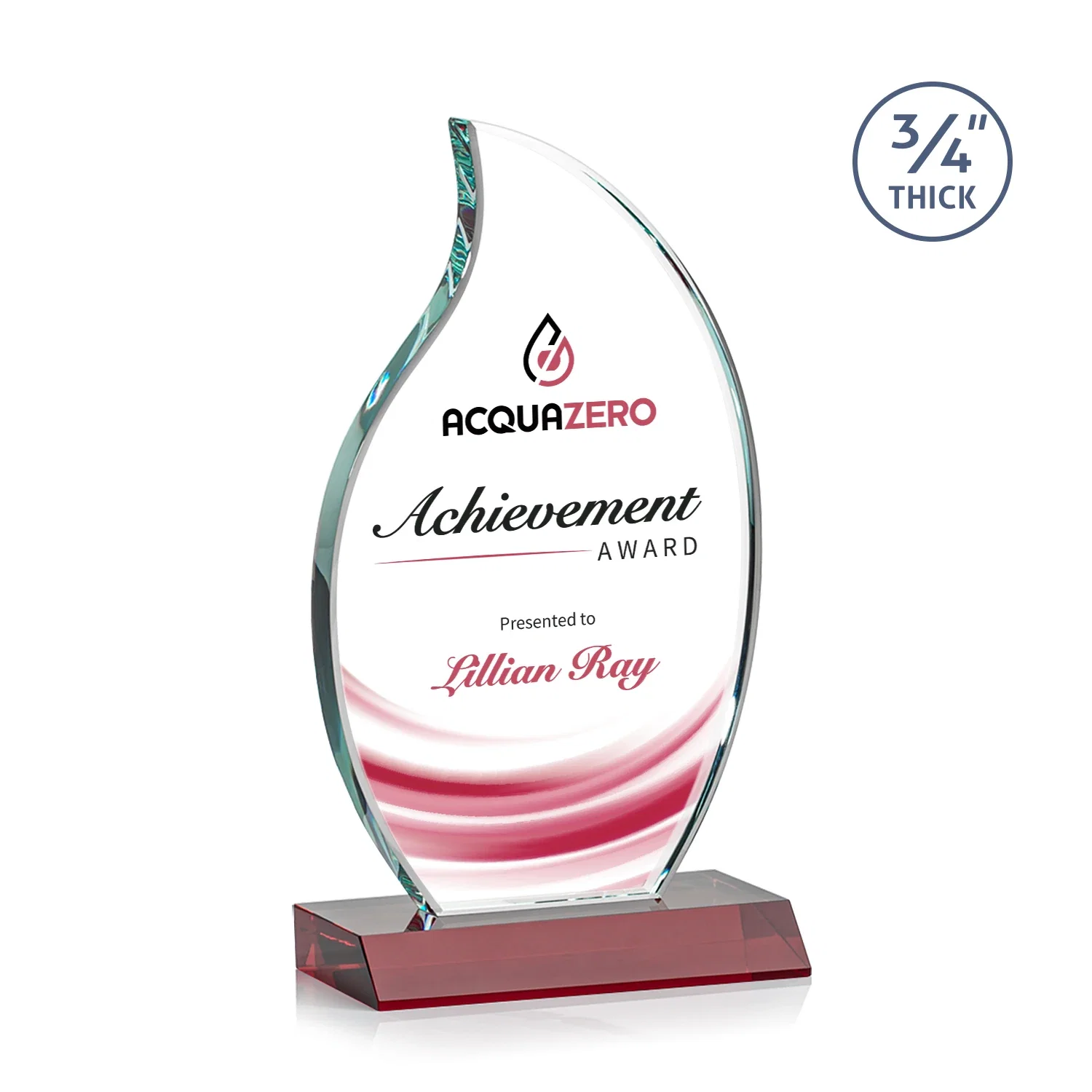 Custom printed Starfire Crystal Flame Award on Front-Mitered Color Base for donor appreciation