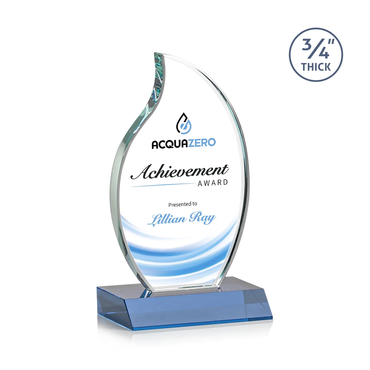 Custom printed Starfire Crystal Flame Award on Front-Mitered Color Base for volunteer appreciation