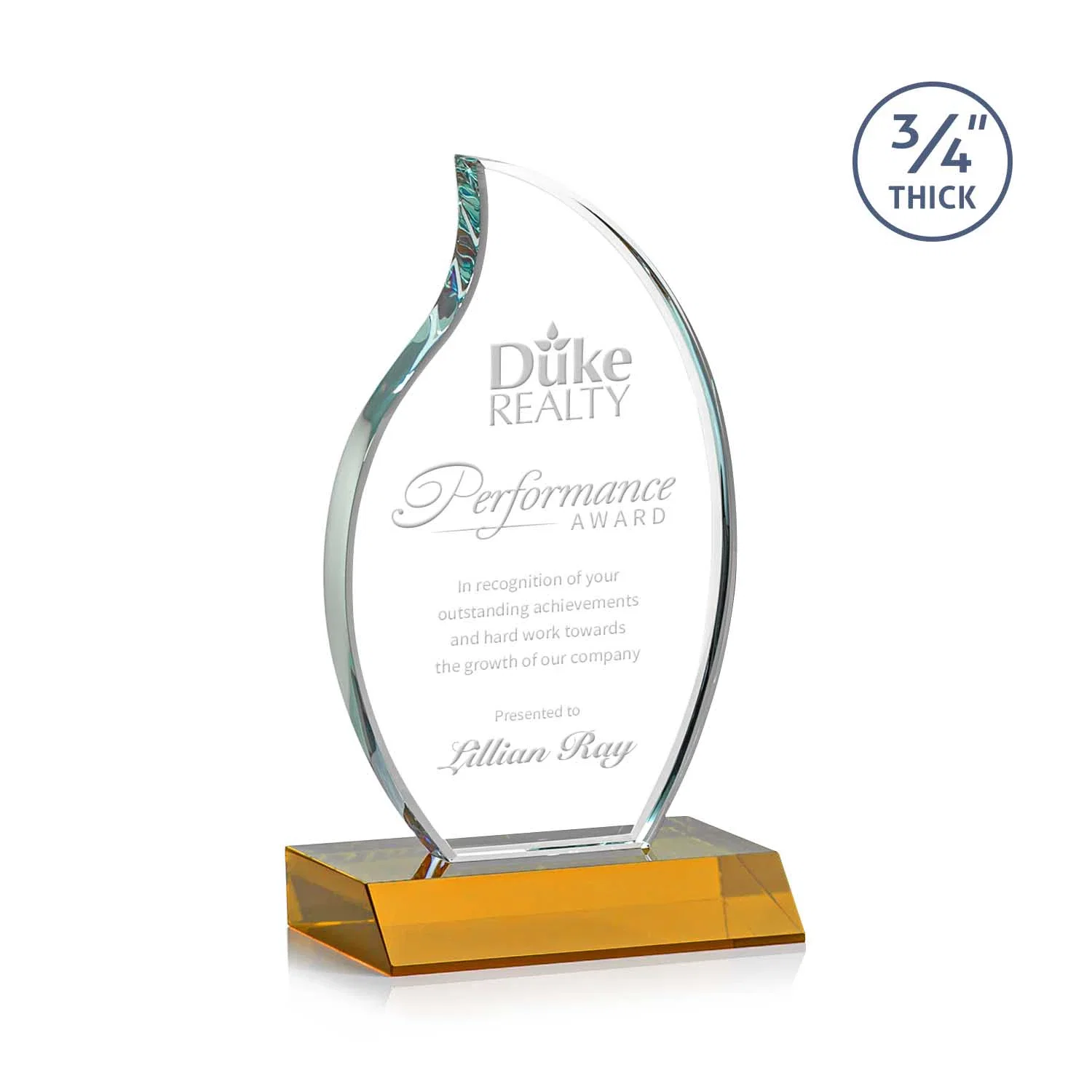 Custom Starfire Crystal Flame Award on Front-Mitered Color Base for team milestone celebrations