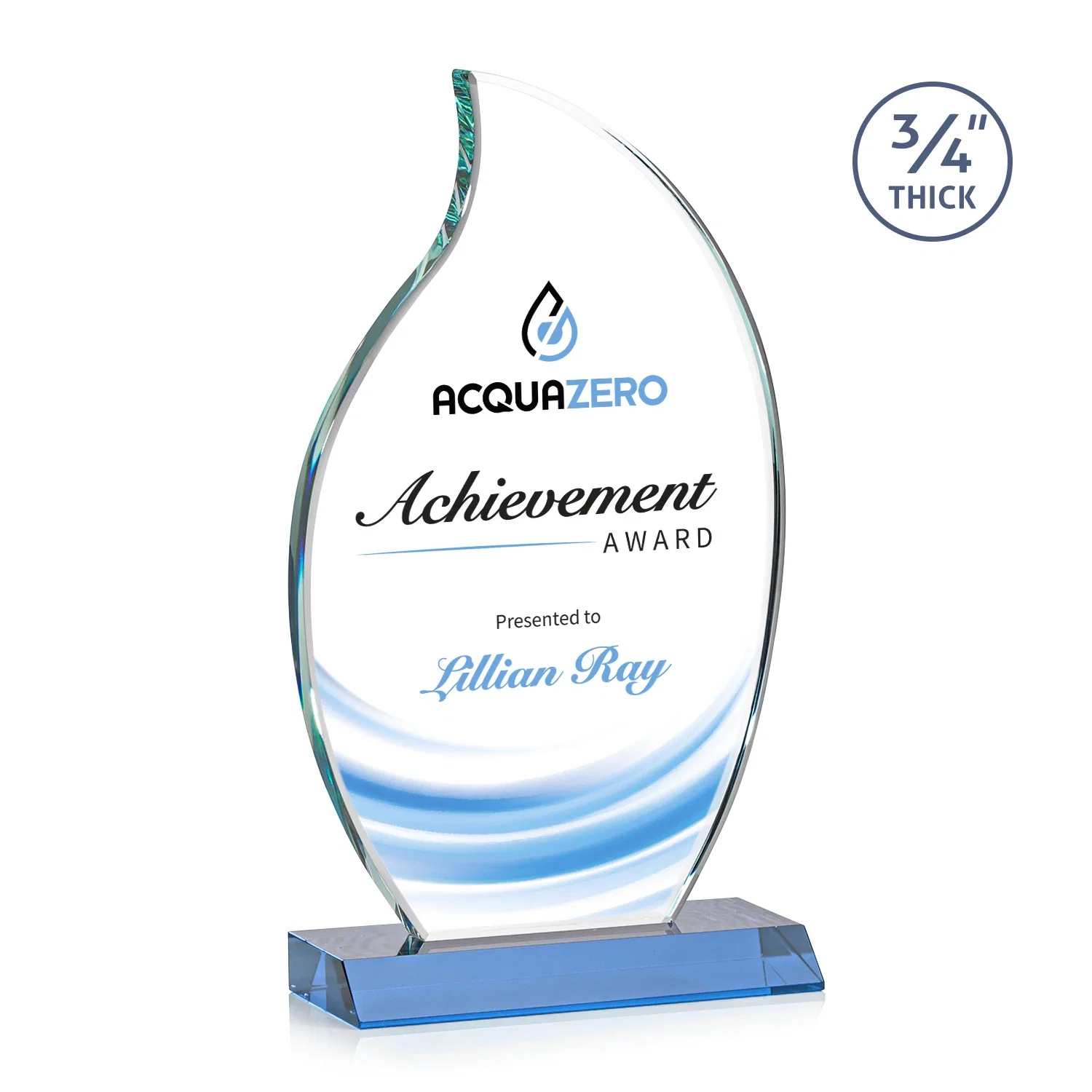 Custom printed Starfire Crystal Flame Award on Front-Mitered Color Base for company anniversary events