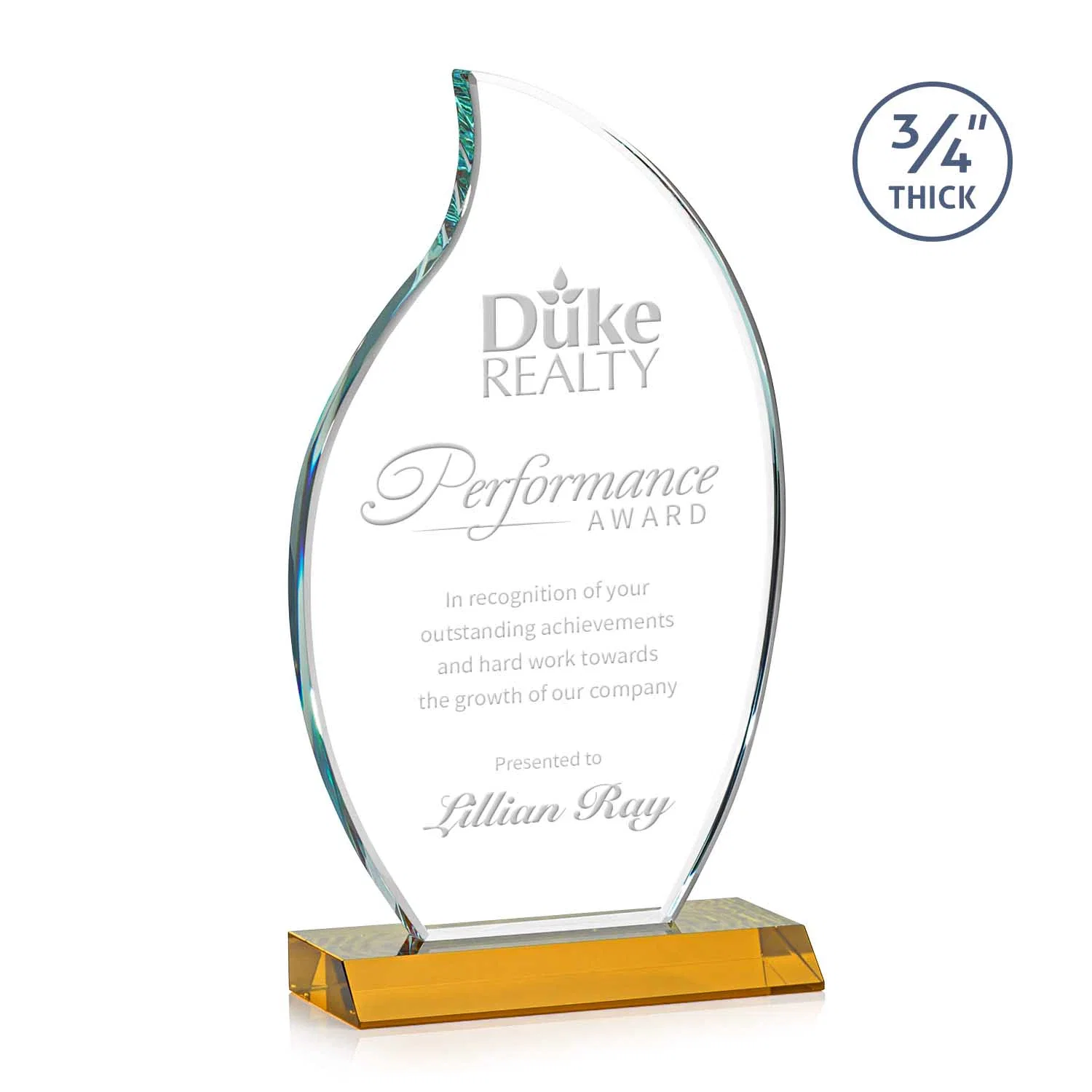 Custom Starfire Crystal Flame Award on Front-Mitered Color Base for graduation ceremonies