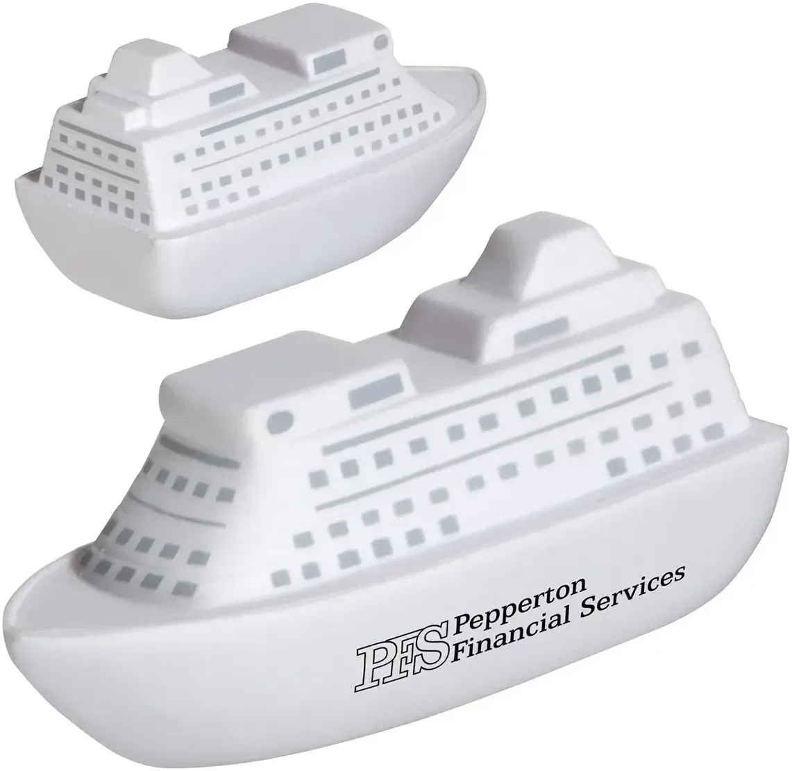 Custom Cruise Ship Stress Reliever, branded foam squeeze toy shaped like a cruise ship for travel logo giveaways