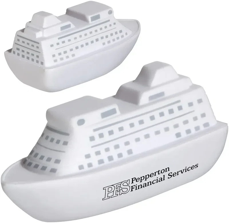 Custom Cruise Ship Stress Reliever, branded foam squeeze toy shaped like a cruise ship for travel logo giveaways