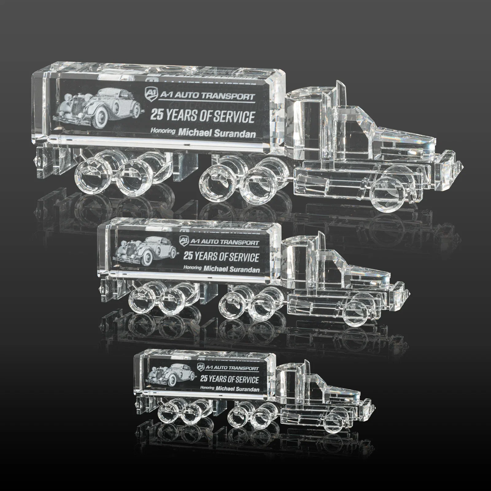 Custom Optical Crystal 18-Wheeler Truck Award, Hand-Faceted Piece by Piece for team milestone celebrations