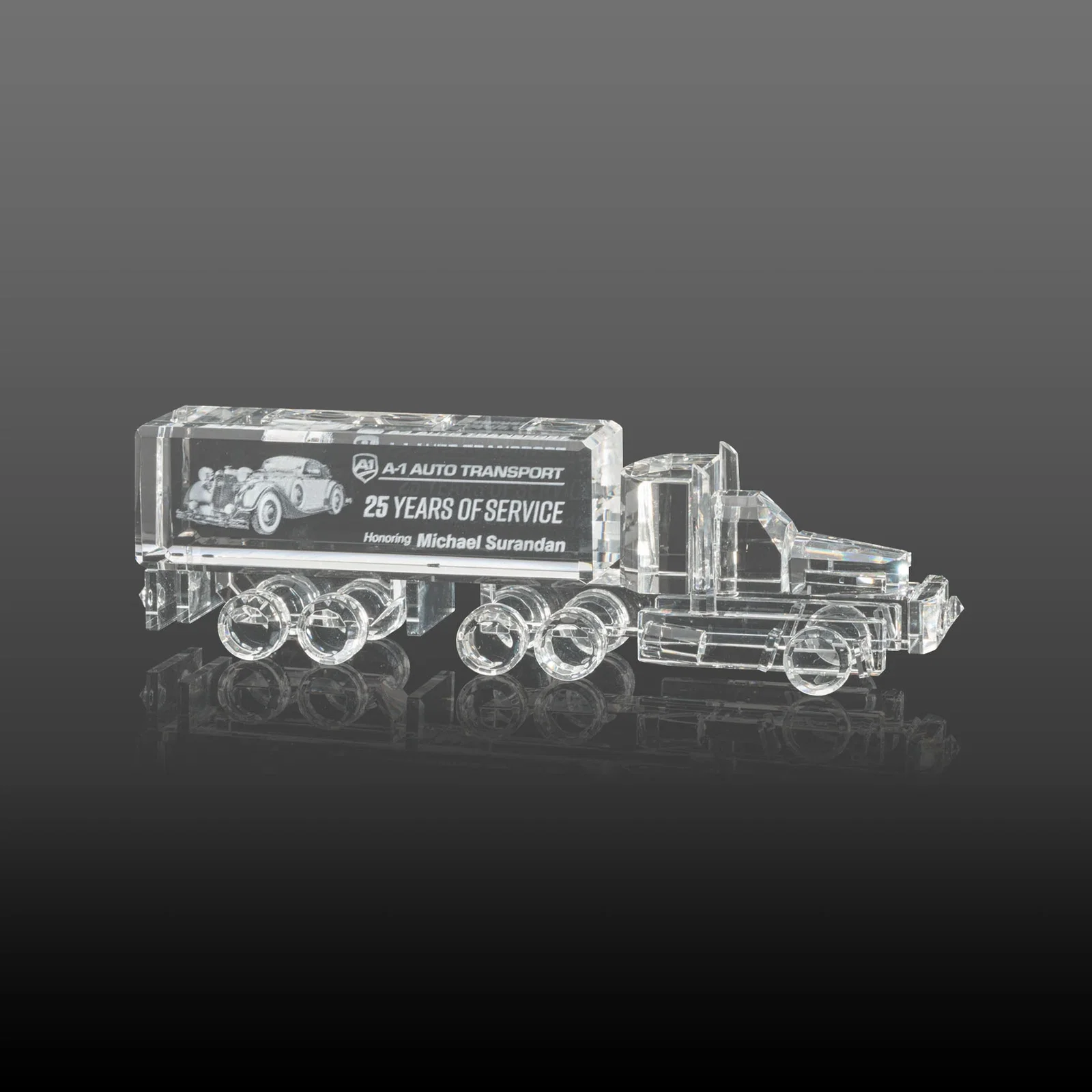 Custom Optical Crystal 18-Wheeler Truck Award, Hand-Faceted Piece by Piece for donor appreciation