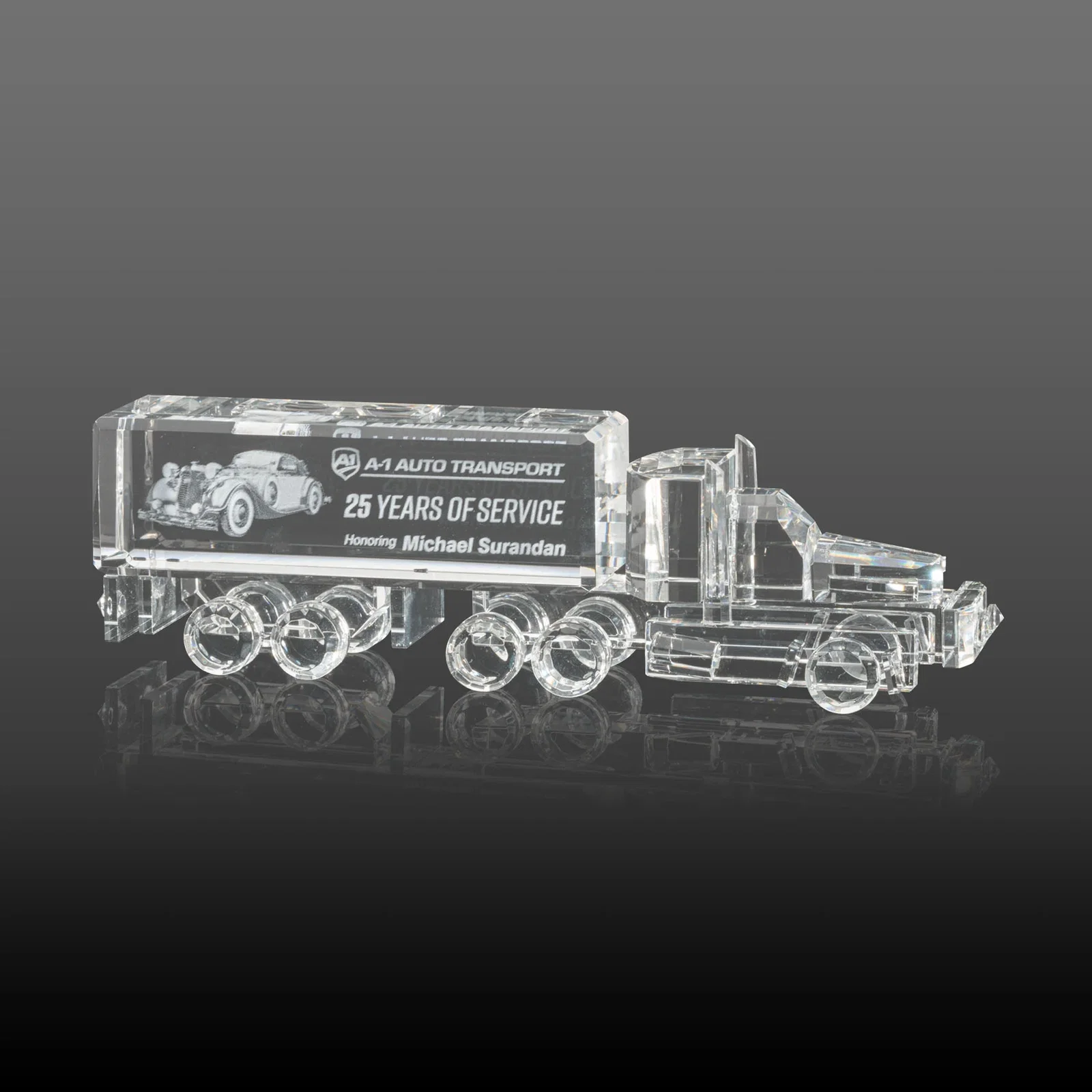 Custom Optical Crystal 18-Wheeler Truck Award, Hand-Faceted Piece by Piece for graduation ceremonies