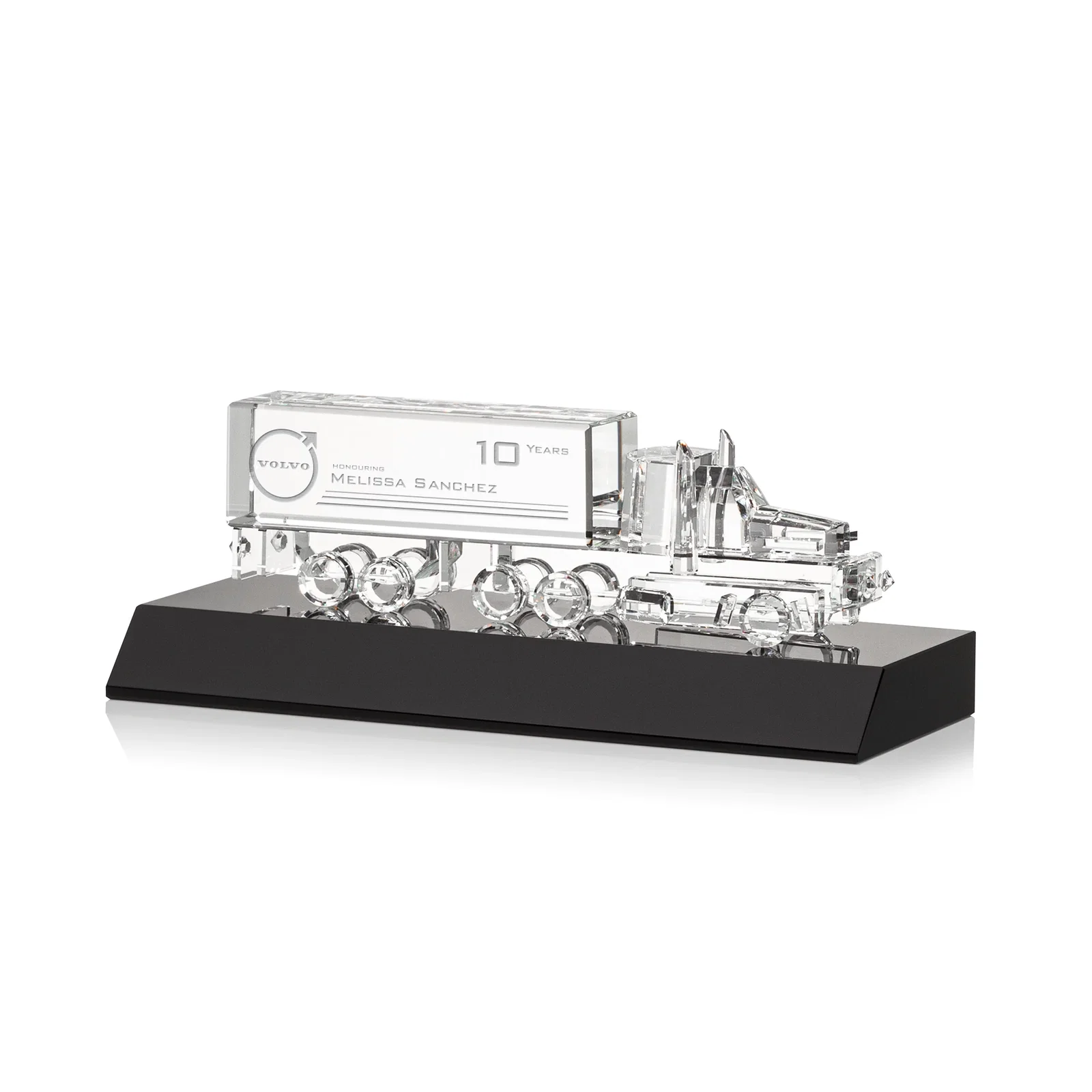 Personalized 3D Etched Optical Crystal 18 Wheeler Truck Award on Starfire Base for sales achievement awards